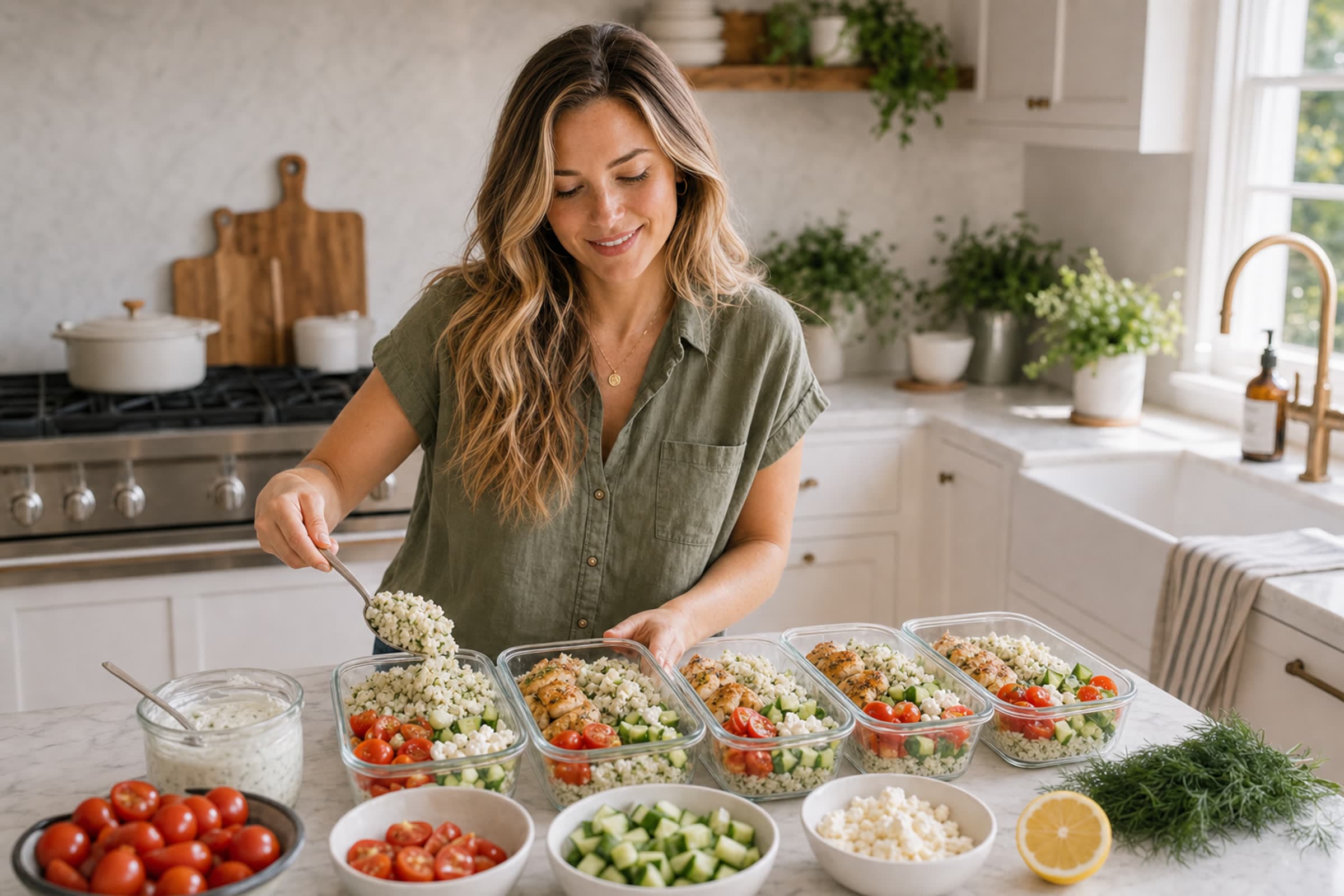 Anna, in an olive-green linen shirt, spooning herby rice and golden lemon-oregano chicken into a row of glass meal-prep containers on her marble island. Bowls of cherry tomatoes, diced cucumber, crumbled feta, and a jar of garlicky yogurt sauce sit nearby, with her bright kitchen behind her.