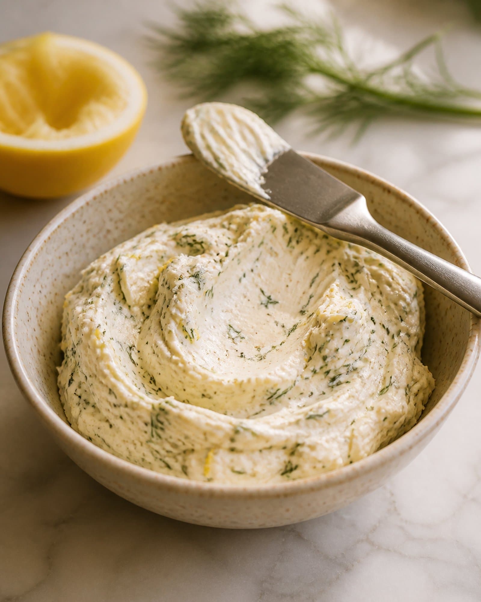 A close macro of whipped feta butter in a small speckled stoneware bowl, fluffy with a soft swoosh from the back of a spoon, flecked with lemon zest and chopped dill, with a butter knife resting across the rim and a squeezed lemon half behind.