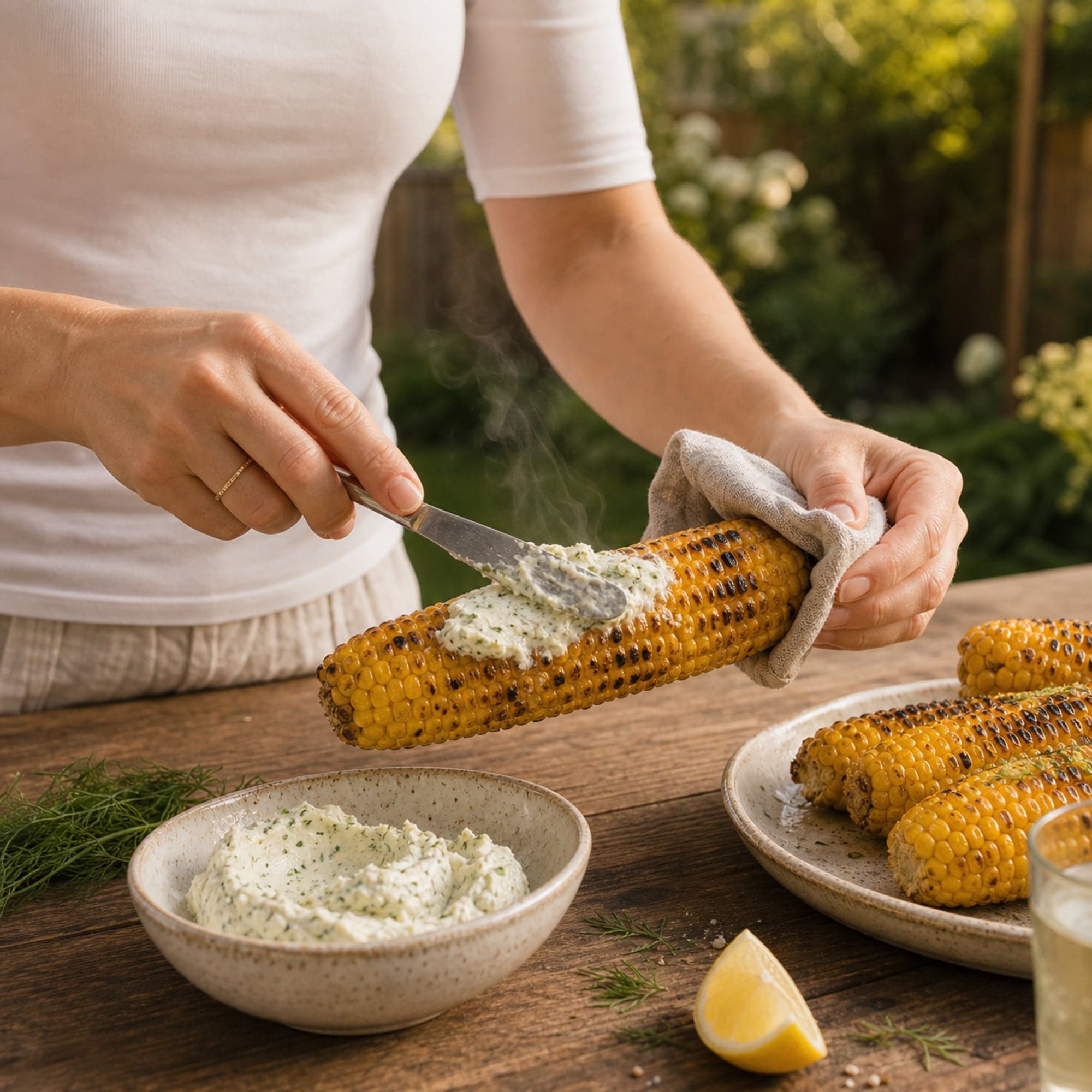 Hands in a fitted white tee spreading whipped feta butter onto a hot charred corn cob with a small knife, a linen square guarding one hand and faint steam rising, with the bowl of feta butter, more grilled cobs, and a lemon wedge on the wooden outdoor table.
