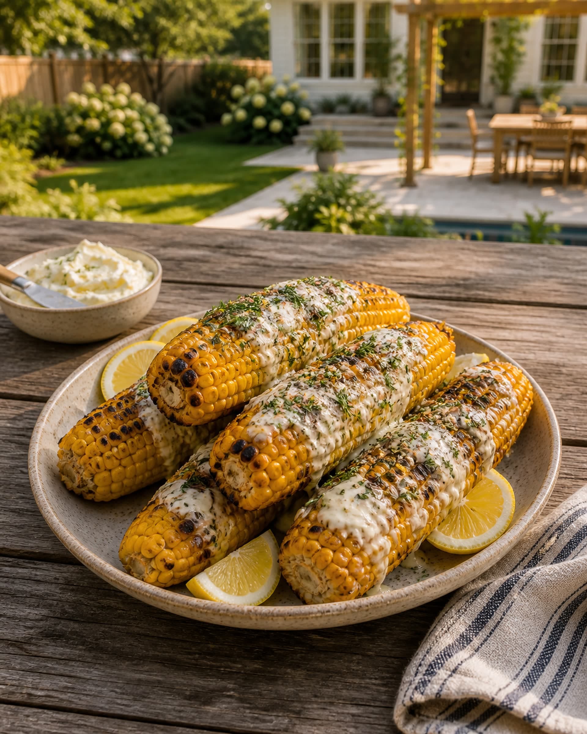 A rustic ceramic plate stacked with grilled corn on the cob on a wooden outdoor table: the kernels deeply charred in places and golden elsewhere, slathered with whipped feta butter melting down the rows, scattered with chopped fresh dill and flaky salt, with lemon wedges tucked beside the cobs. A green backyard blurs softly behind the table in warm evening light.