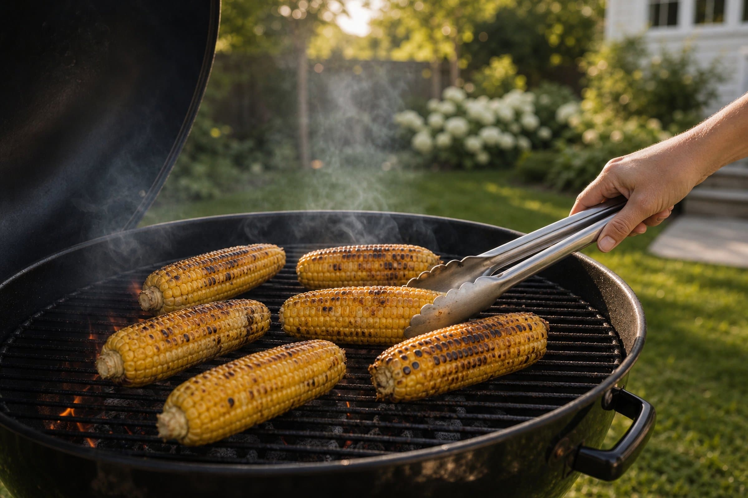 Six ears of corn charring directly on the grates of a black kettle grill in a green backyard, kernels browning in patches with light smoke rising, while a hand with long stainless tongs turns one cob in warm evening light.