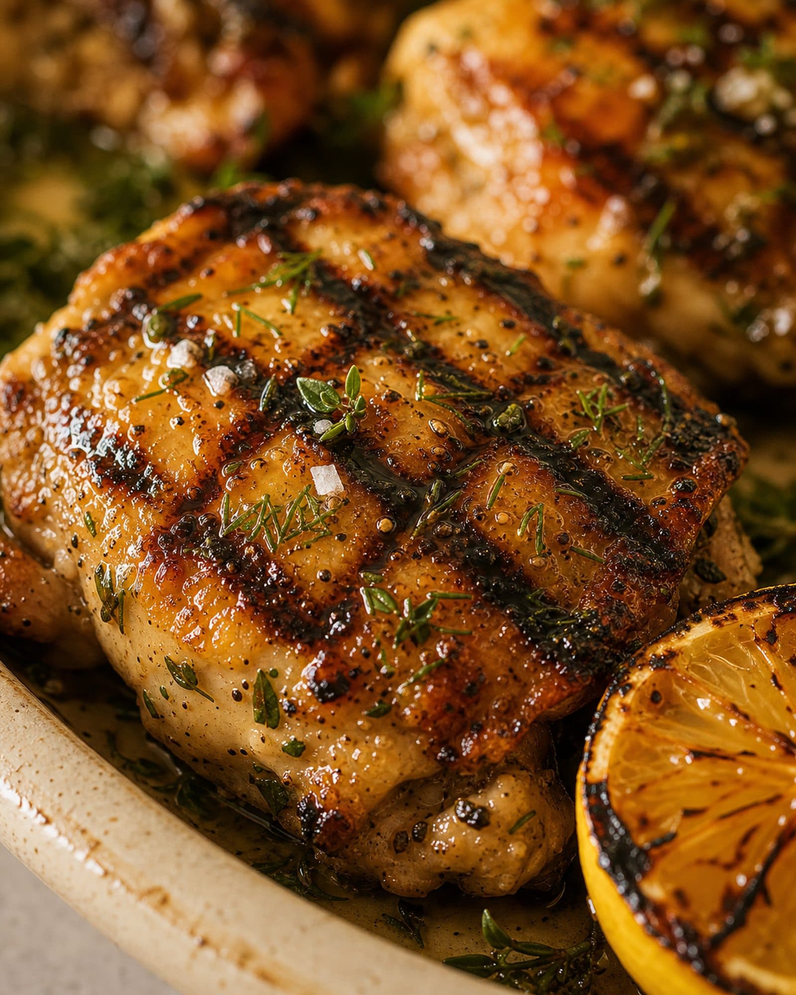 A close macro of one grilled chicken thigh with deep caramelized crosshatch char marks, glistening with lemon herb dressing, scattered with thyme leaves and flaky salt, next to the jammy charred rim of a grilled lemon half.