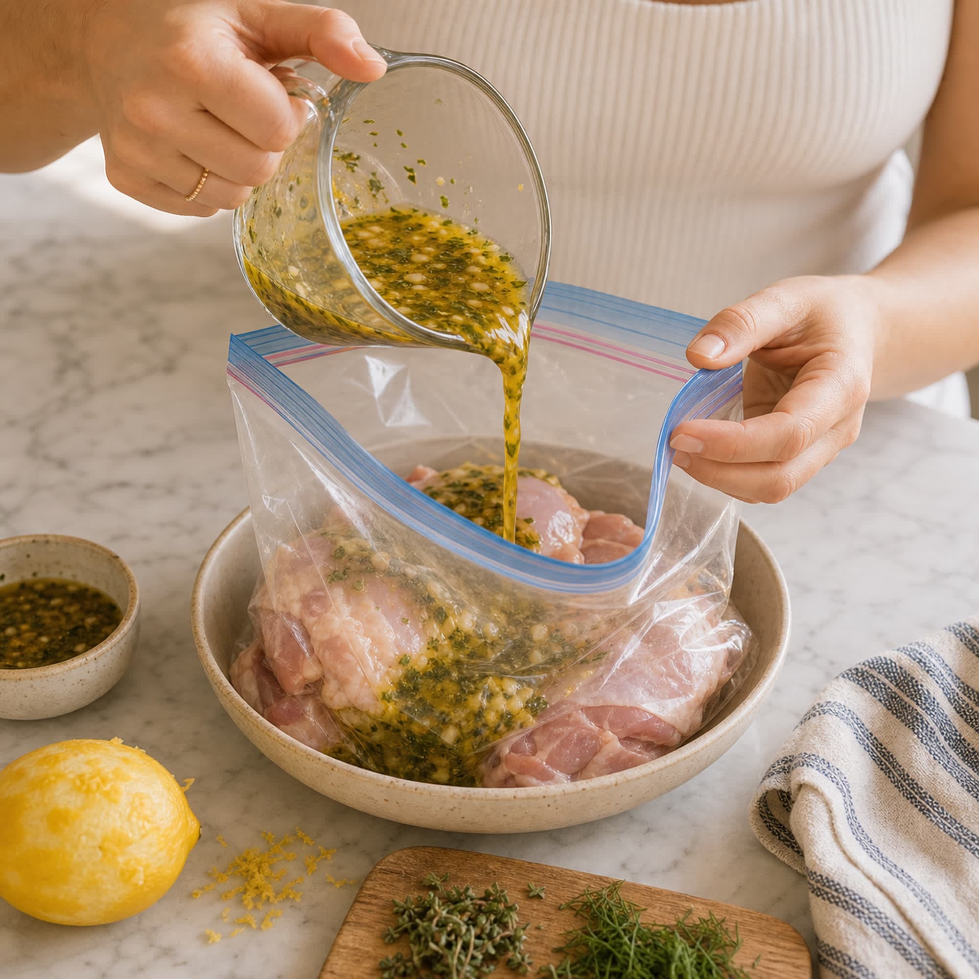 Hands in a white ribbed tank pouring golden lemon herb marinade from a glass measuring cup into a zip-top bag of chicken thighs propped in a bowl on the marble counter, with a small dish of reserved marinade, a zested lemon, and chopped herbs beside it.