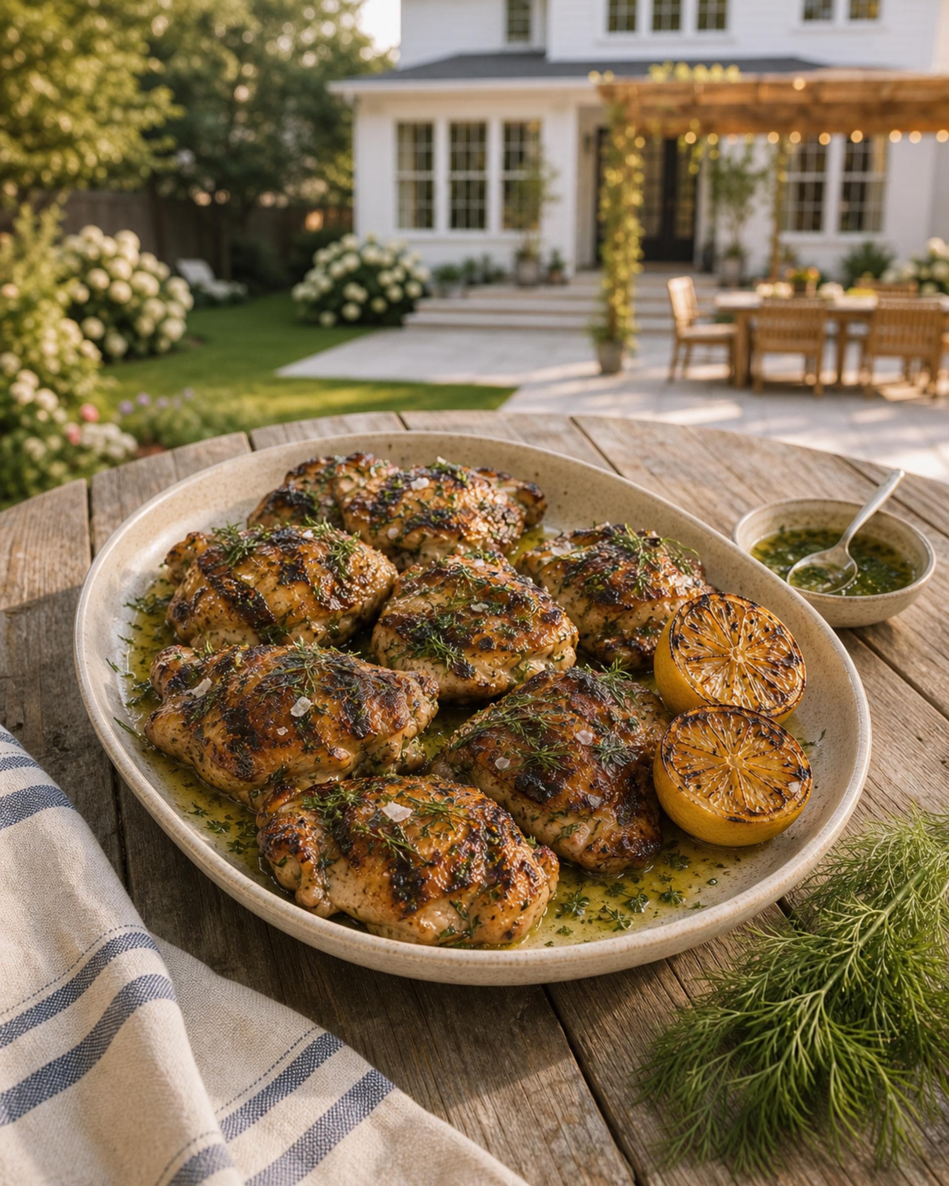 An oval ceramic platter of grilled boneless chicken thighs with deep golden char marks on a wooden outdoor table, glossy with a lemon herb dressing, scattered with fresh dill and thyme, with two charred grilled lemon halves cut-side up on the platter. A green backyard softens out of focus behind the table in golden evening light.