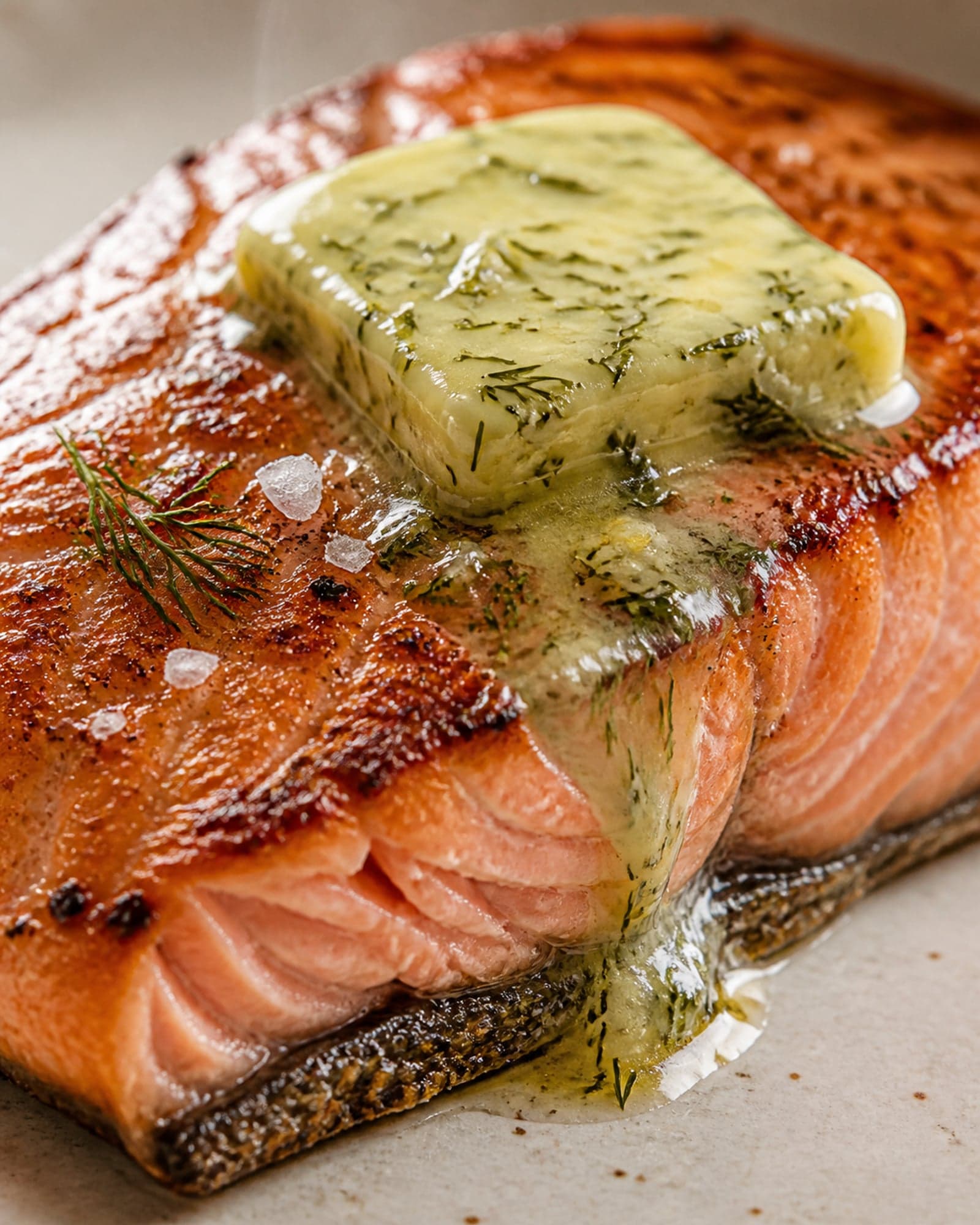 A close-up of a pat of herb-flecked lemon dill butter melting over a grilled salmon fillet, butter running down the flaky flesh toward the crisp charred skin.
