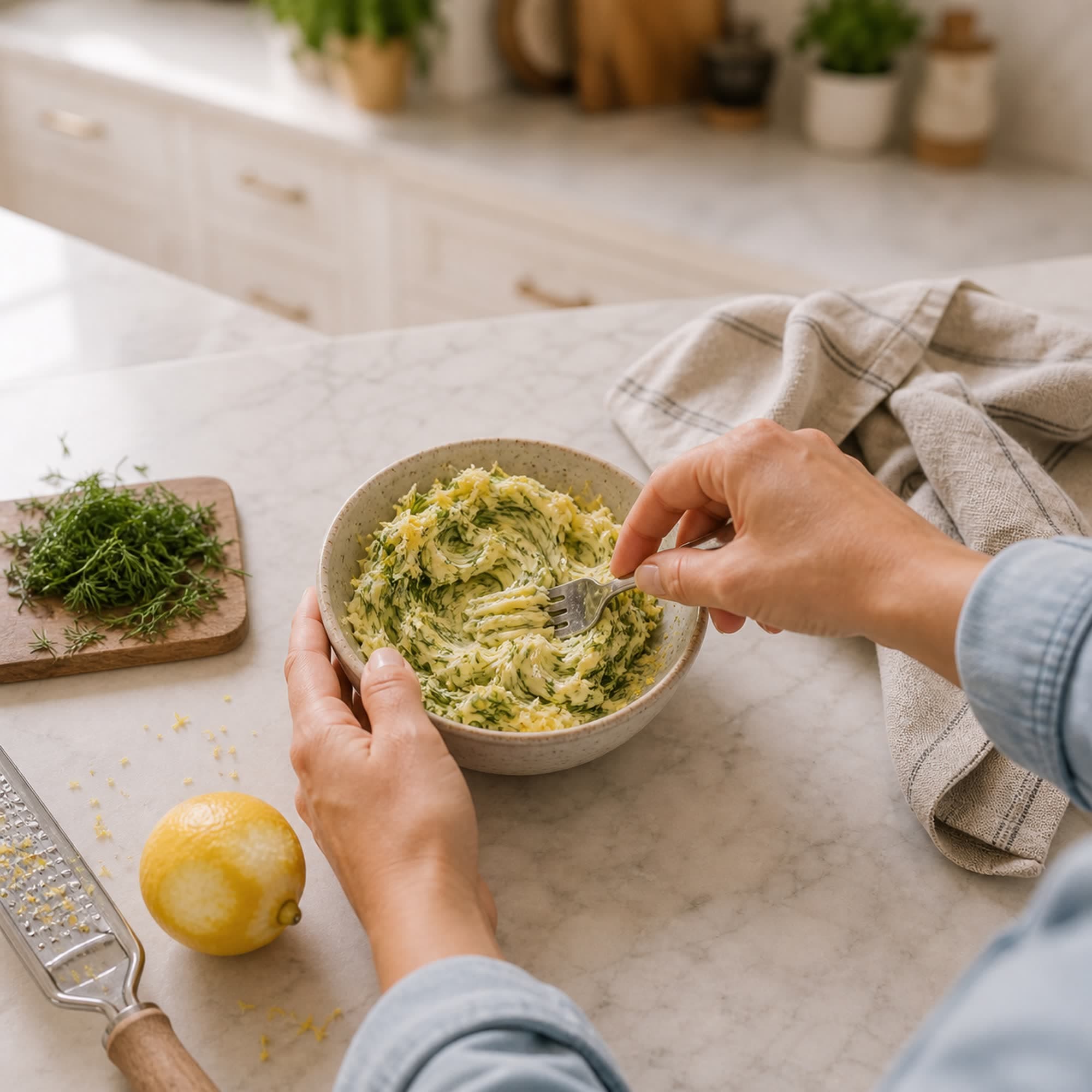 Hands mashing lemon dill butter with a fork in a small speckled bowl on a marble counter, with chopped dill on a wooden board, a zested lemon, and a microplane nearby.