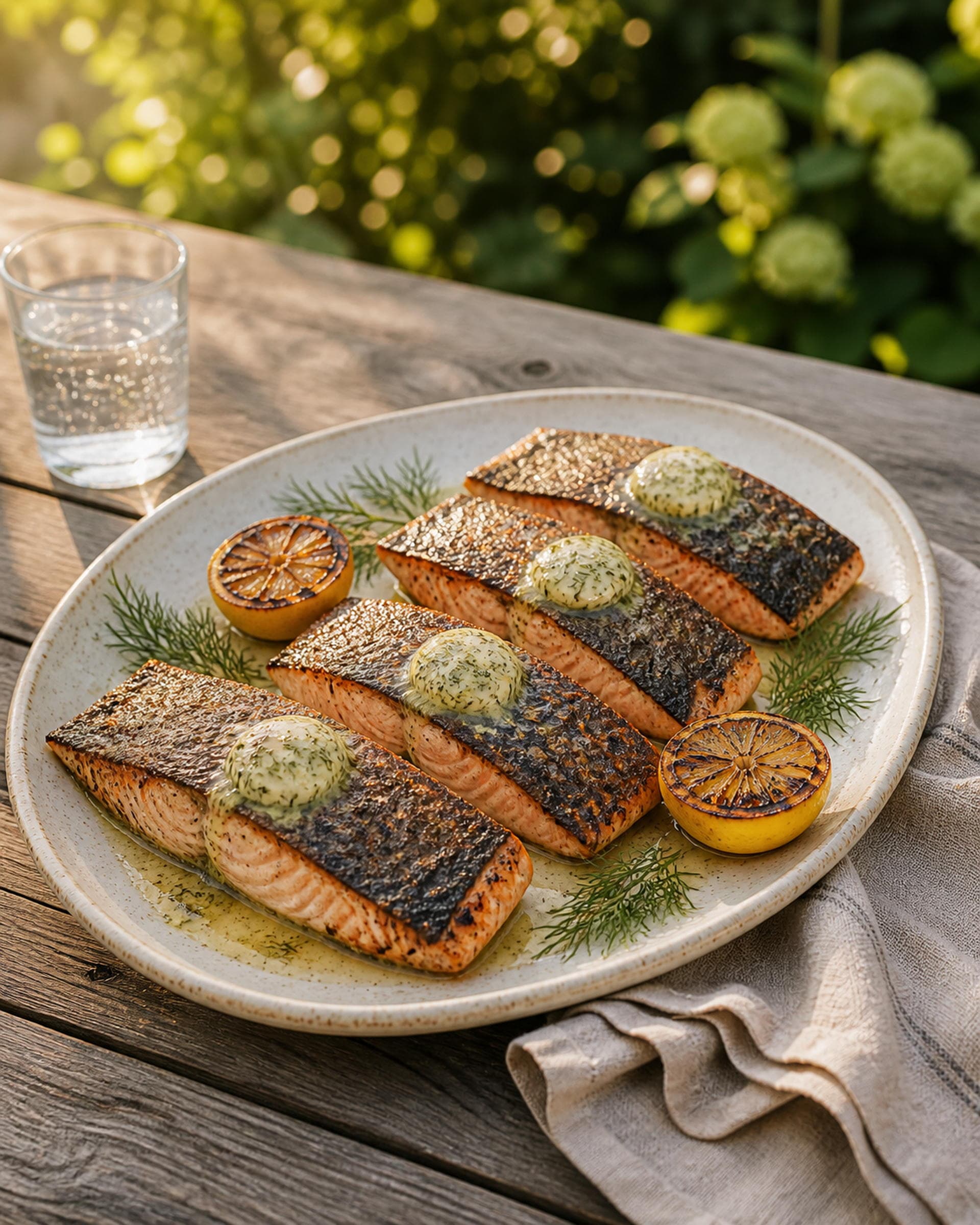 Four grilled salmon fillets with crisp charred skin on an oval stoneware platter outdoors, pats of lemon dill butter melting over them, with charred lemon halves and fresh dill alongside.