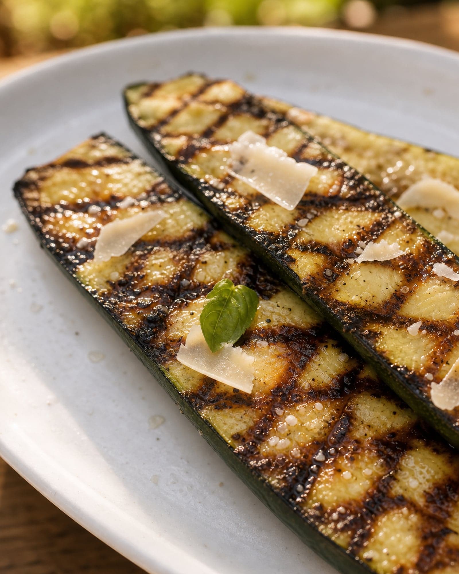 Close-up of charred grilled zucchini planks on a white platter with deep crosshatch grill marks, softening parmesan shavings, flakes of sea salt, and a small basil leaf, in warm evening light.