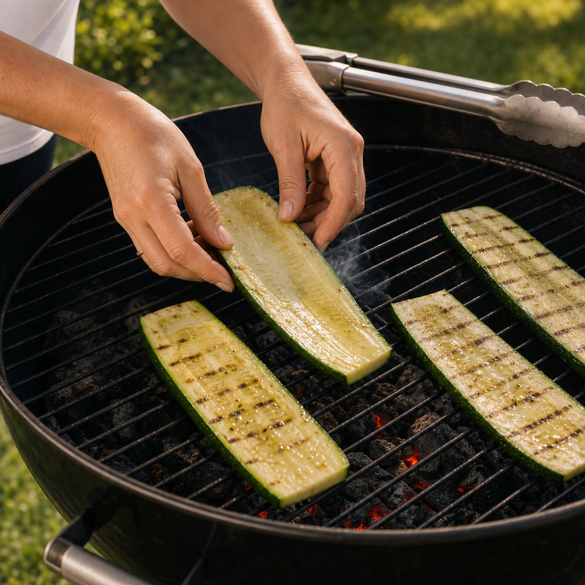 Hands laying an oiled zucchini plank diagonally across the grates of a black kettle charcoal grill, other planks already developing grill marks over glowing coals, with long tongs resting on the grill edge.