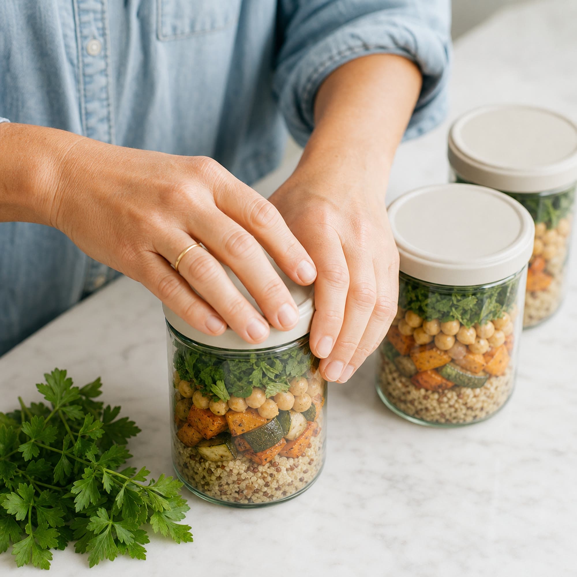 A pair of hands in a chambray shirt screwing the lid onto a packed glass meal-prep jar on a marble counter, the layered quinoa, roasted vegetables, chickpeas, and greens visible through the glass, with more sealed jars beside it.