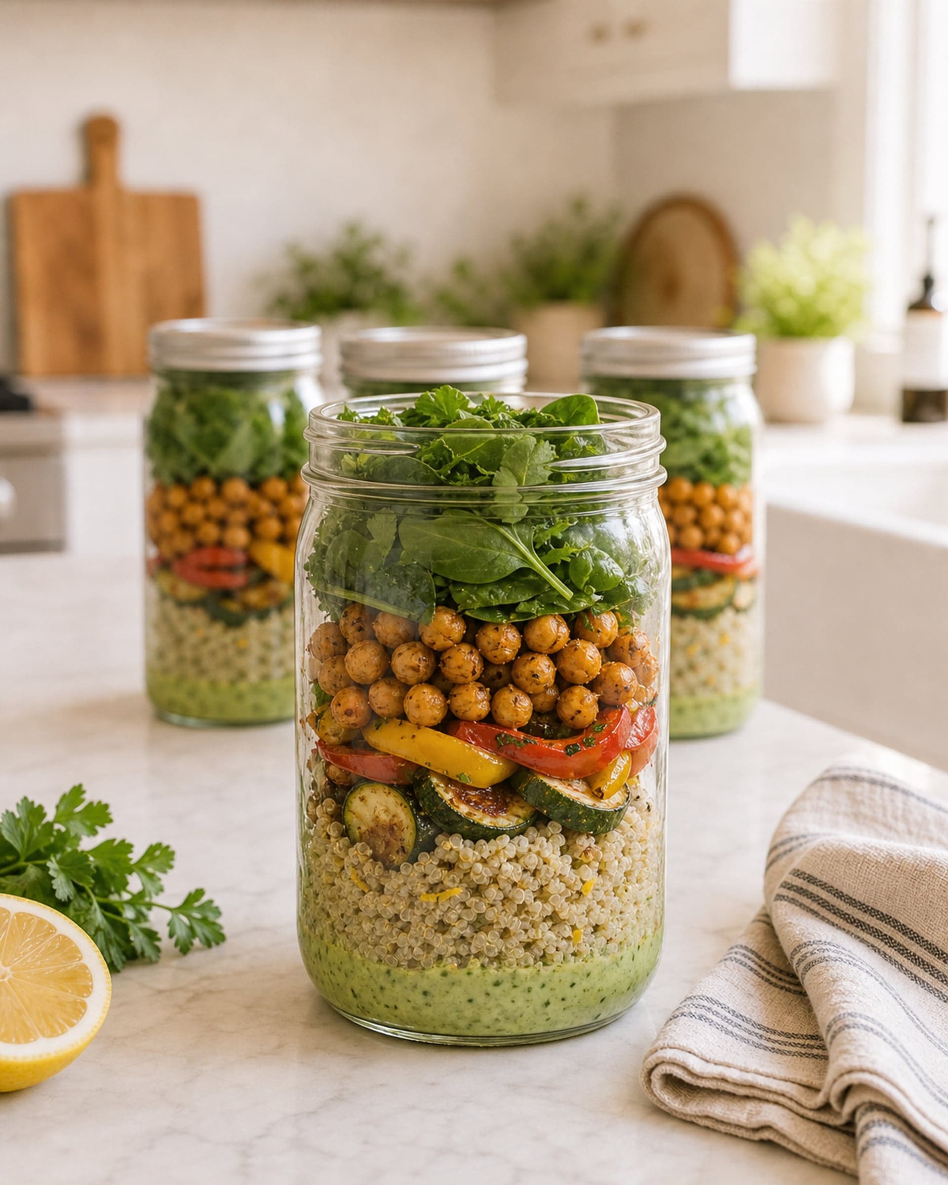 A tall clear glass mason jar on a white marble counter, layered for meal prep: a pool of pale green herb dressing at the bottom, then fluffy quinoa flecked with lemon zest, a layer of roasted zucchini rounds and red and yellow pepper strips with caramelized edges, golden crispy roasted chickpeas, and a tuft of baby spinach and chopped parsley at the top. Three more filled jars with lids stand softly out of focus behind it, a small bunch of parsley and a halved lemon sit on the marble, and a folded striped cream-and-blue linen tea towel is to one side. Bright natural light.