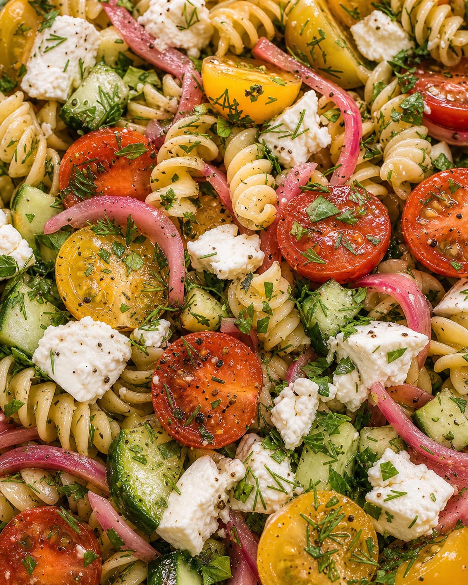 A tight overhead close-up of herby summer pasta salad filling the whole frame: glossy fusilli spirals, halved red and yellow cherry tomatoes, cucumber, torn feta, pink pickled red onion, and a heavy scatter of chopped dill and parsley.