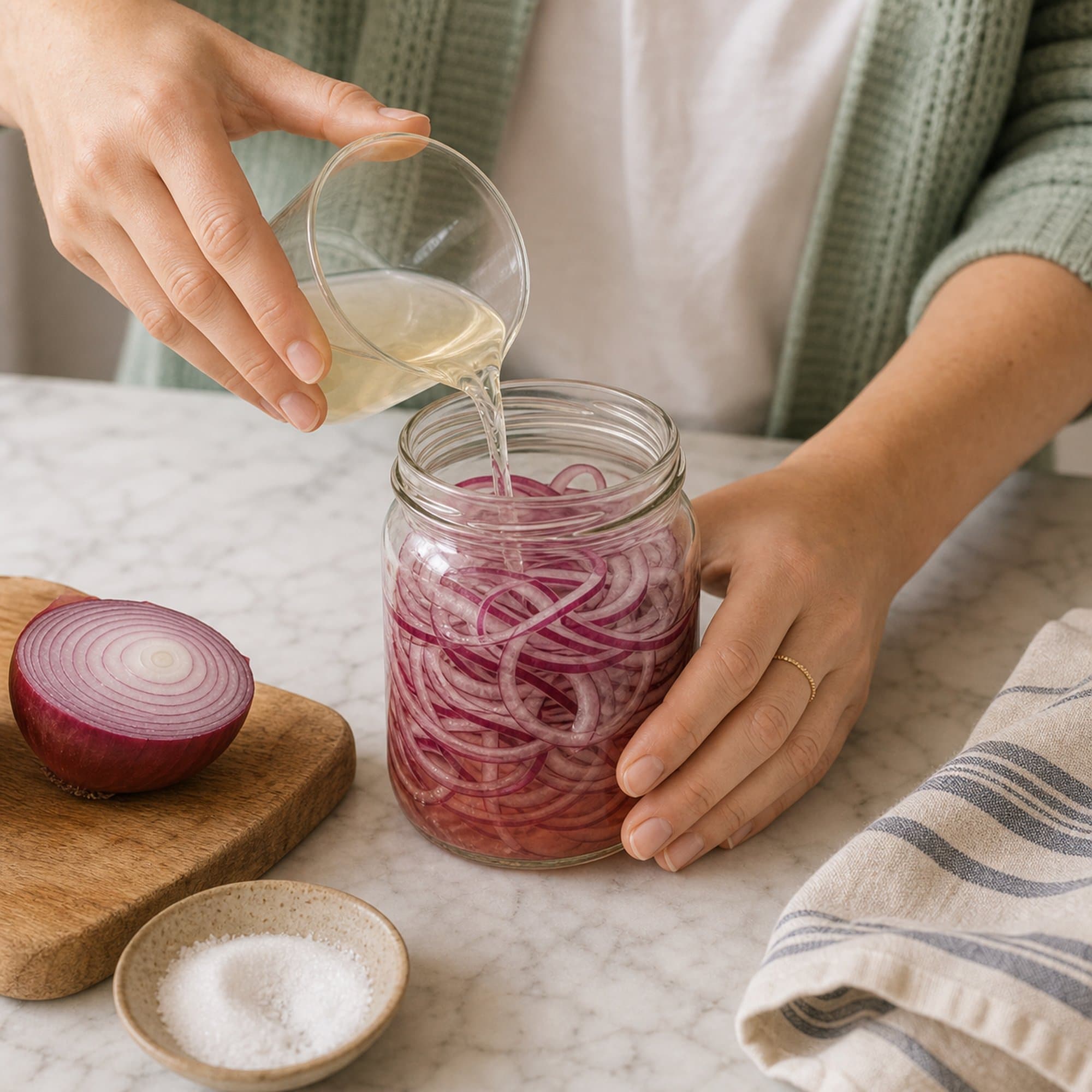 A pair of hands in sage green cardigan sleeves pouring vinegar brine from a small glass cup into a jar packed with thin red onion slices, with a halved red onion on an oak board and a small dish of salt beside it on the marble counter.