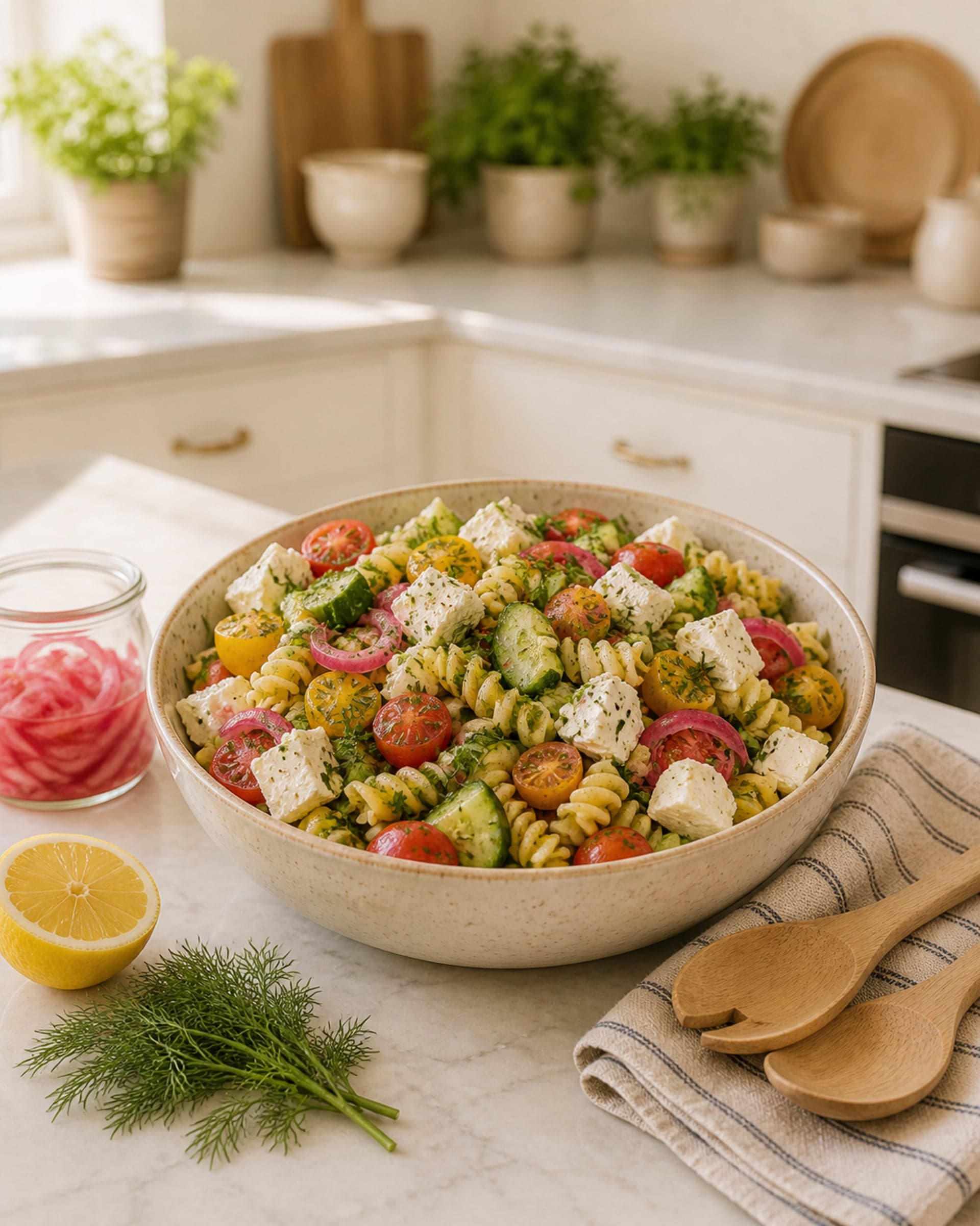 A large cream-speckled stoneware serving bowl of herby summer pasta salad on a white marble counter: fusilli spirals glossy with lemon dressing, halved red and yellow cherry tomatoes, sliced cucumber, big torn pieces of white feta, bright pink quick-pickled red onion, and a heavy scatter of chopped fresh dill and parsley. A halved lemon, a small bunch of dill, and a folded striped cream-and-blue linen tea towel rest beside the bowl. Soft bright midday light.
