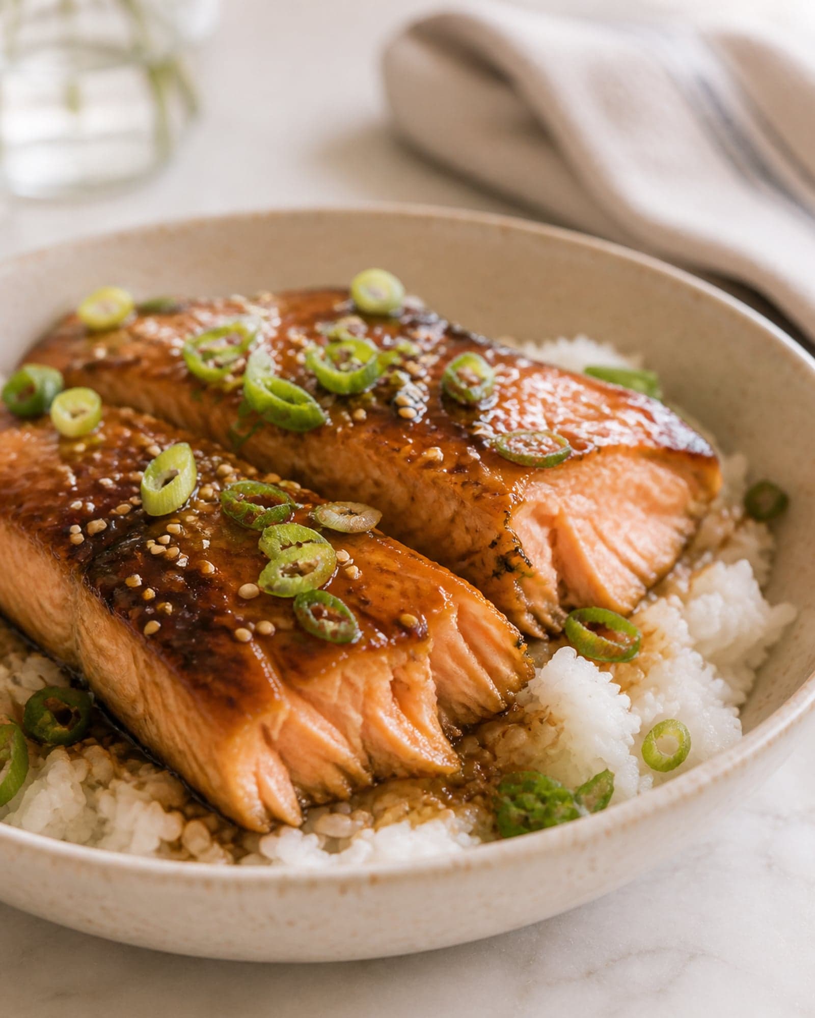 Macro close-up of glazed honey-garlic salmon pieces with deeply caramelized, lacquered edges resting on fluffy white rice, scattered with sliced scallions and sesame seeds, a glossy pool of glaze beneath. The shine of the glaze and the flaky salmon catch the light.