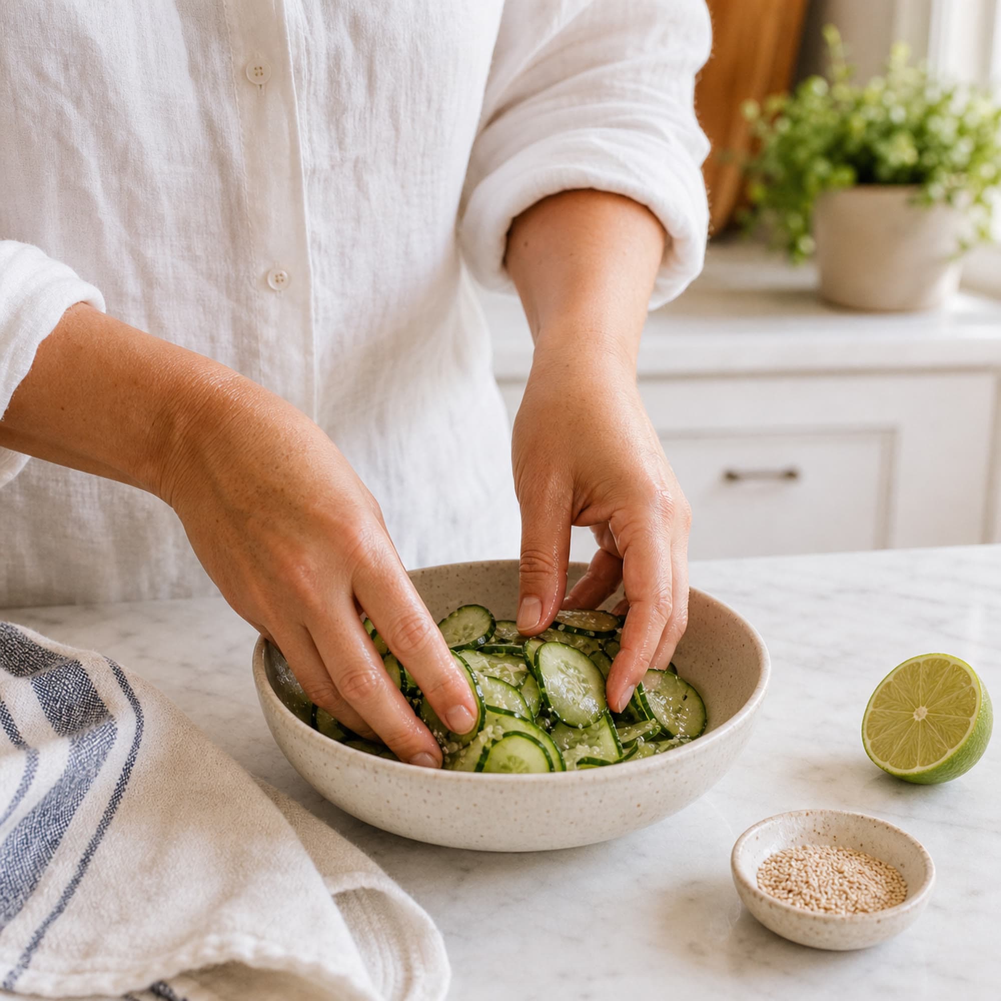 A pair of hands in white linen button-down sleeves rolled to three-quarter forearm length tossing thinly sliced cucumber with rice vinegar and salt in a small cream-speckled bowl on a white marble counter, a halved lime and a small dish of sesame seeds beside it. Soft kitchen light.