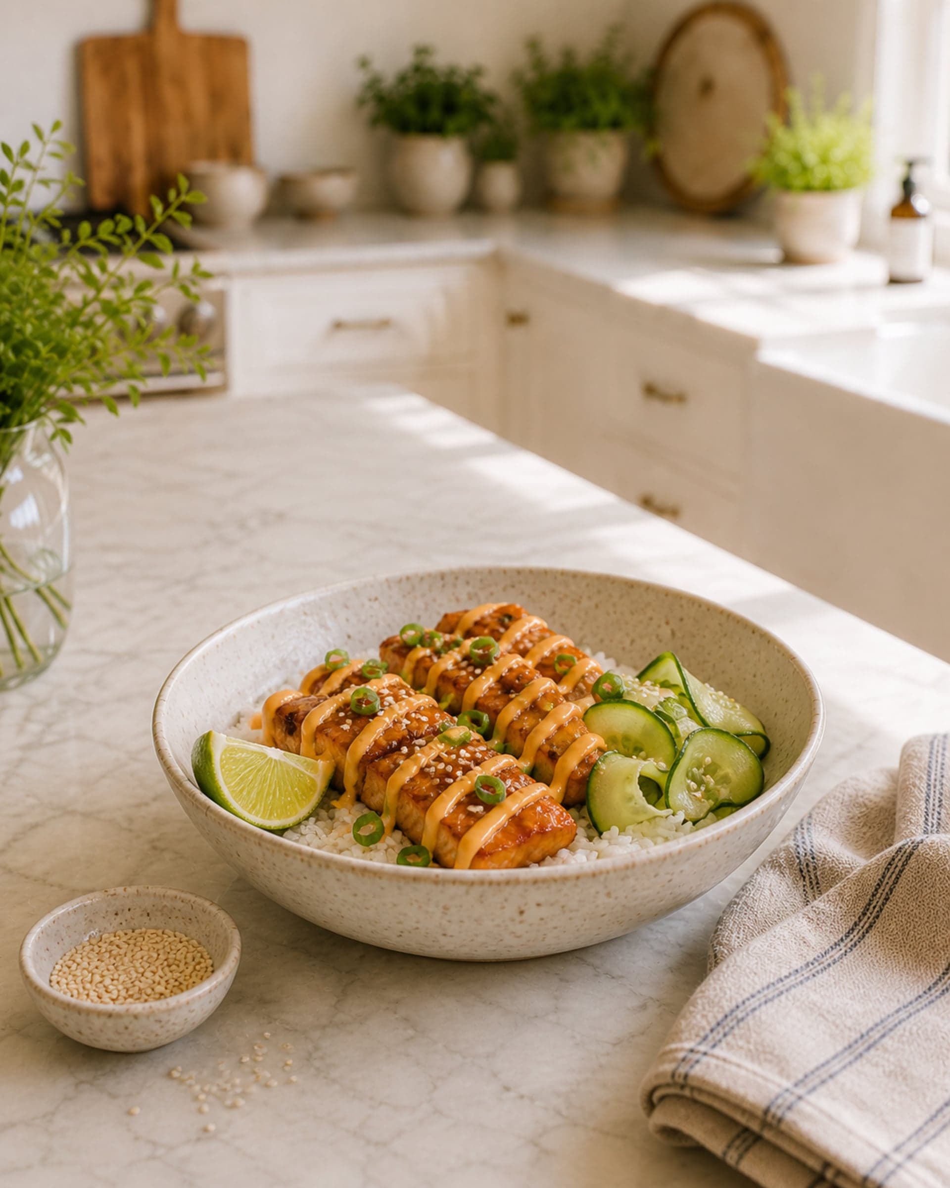 A wide cream-speckled stoneware bowl on a white marble counter holding fluffy white rice topped with glazed honey-garlic salmon pieces with caramelized edges, a small pile of quick-pickled cucumber ribbons, a drizzle of spicy mayo, a scatter of sliced scallions and sesame seeds, and a lime wedge. A folded striped cream-and-blue linen tea towel and a small dish of sesame seeds sit beside the bowl. Soft natural light.