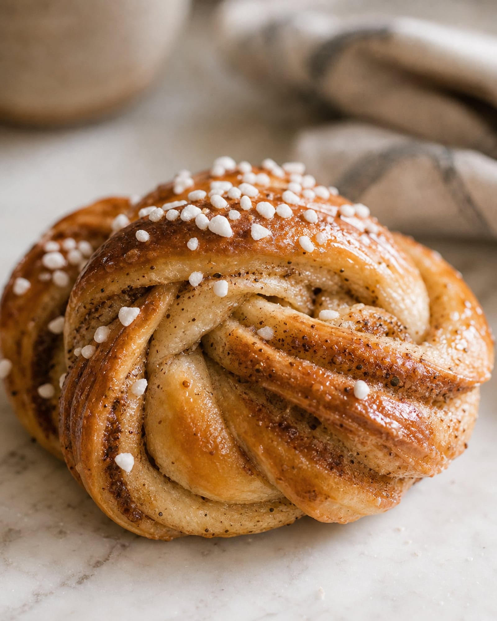 Macro close-up of a single baked Swedish cinnamon bun on a white marble counter, showing the spiraled cinnamon-cardamom swirl of the twisted knot, the glossy egg-washed golden surface, and white pearl sugar crystals catching the light. The soft, layered crumb is visible where the knot folds over itself.