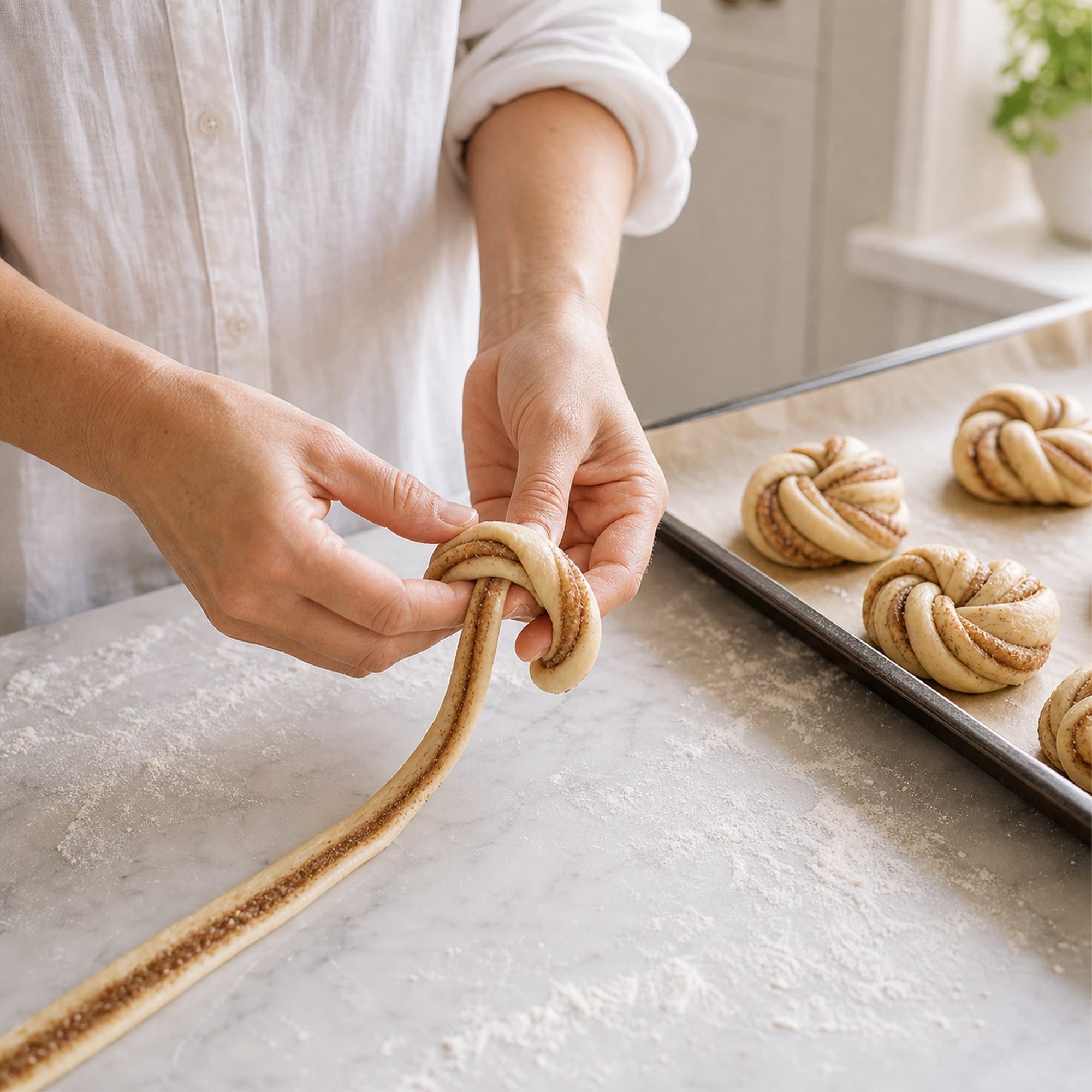A pair of hands in white linen button-down sleeves rolled to three-quarter forearm length winding a long thin strip of filled cinnamon-bun dough around two fingers to shape a twisted knot, on a lightly floured white marble counter. A parchment-lined tray with several already-shaped raw knots sits beside the hands, ready for the second rise.