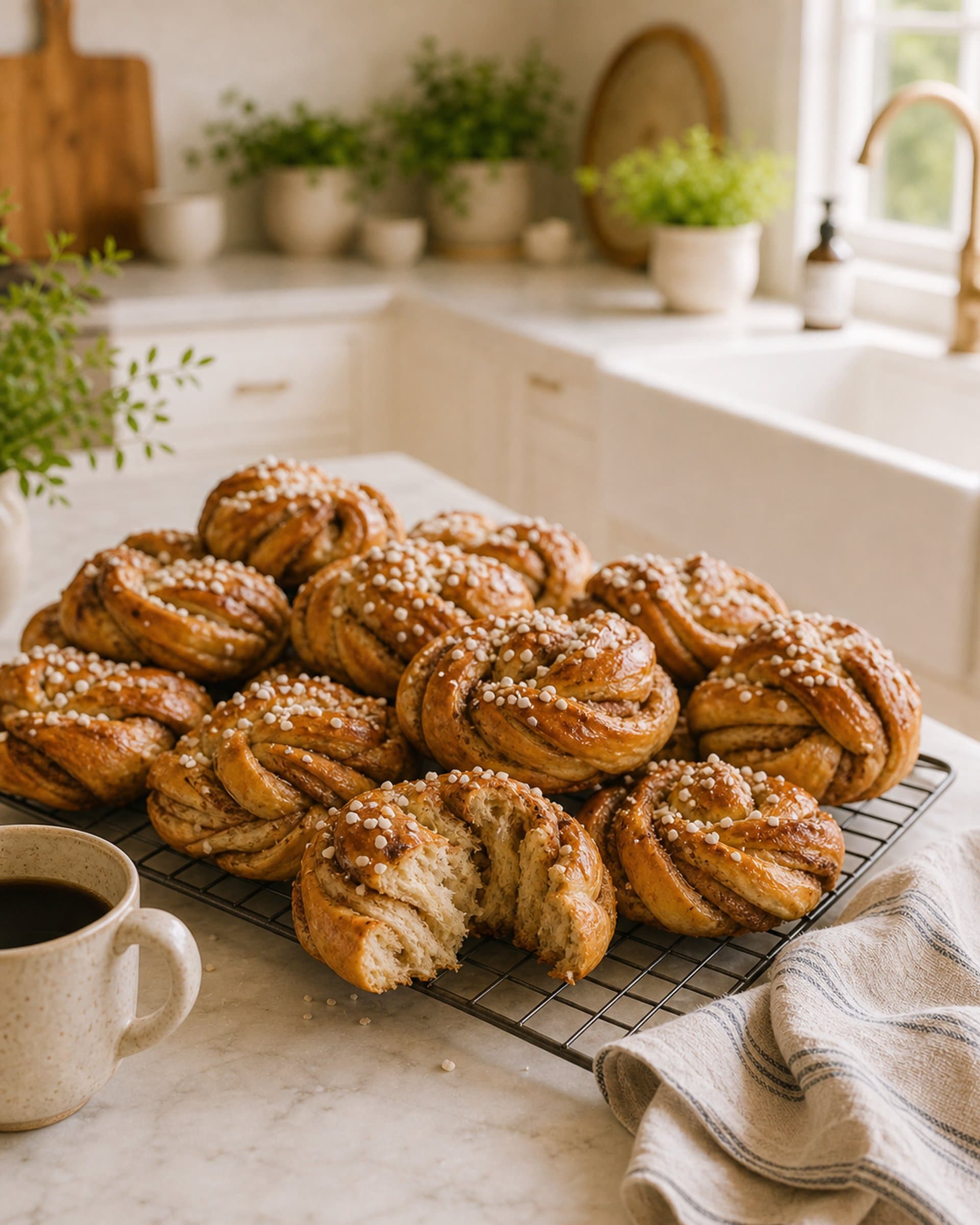 A cooling rack on a white marble counter crowded with golden-brown twisted Swedish cinnamon buns, their knotted tops glossy from egg wash and scattered with white pearl sugar, the cinnamon-cardamom swirl visible in each bun. One bun is pulled slightly apart to show the soft layered crumb. A folded striped cream-and-blue linen tea towel and a stoneware mug of black coffee sit beside the rack. Soft morning light from the kitchen window.