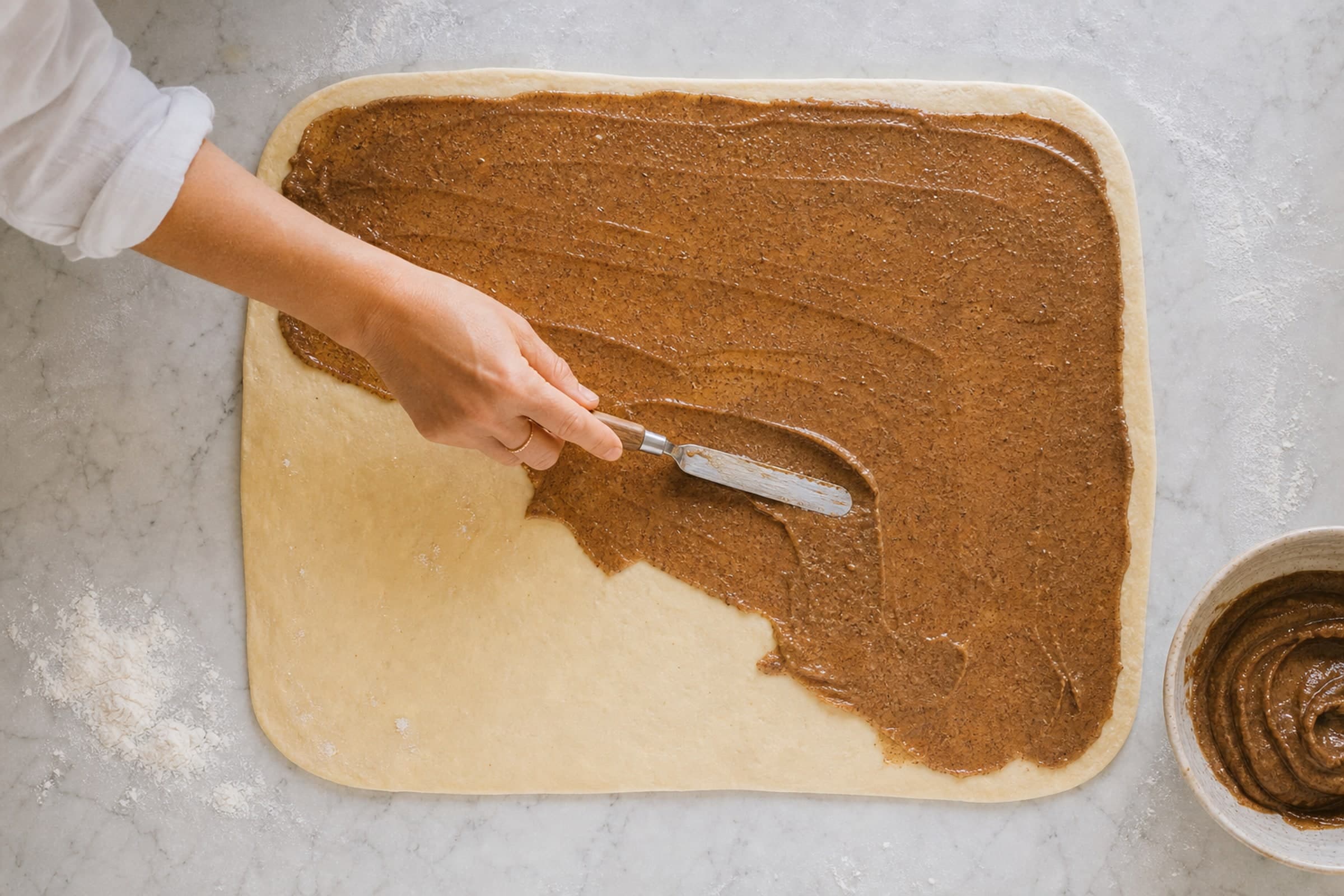 Overhead view of a large rectangle of pale yeasted dough rolled out on a floured white marble counter, with a hand in a white linen button-down sleeve rolled to three-quarter forearm length spreading glossy brown cinnamon-cardamom butter filling over the dough with a small offset spatula, about two-thirds of the surface already covered in an even layer. A bowl of the filling and a dusting of flour sit at the edge of the frame.