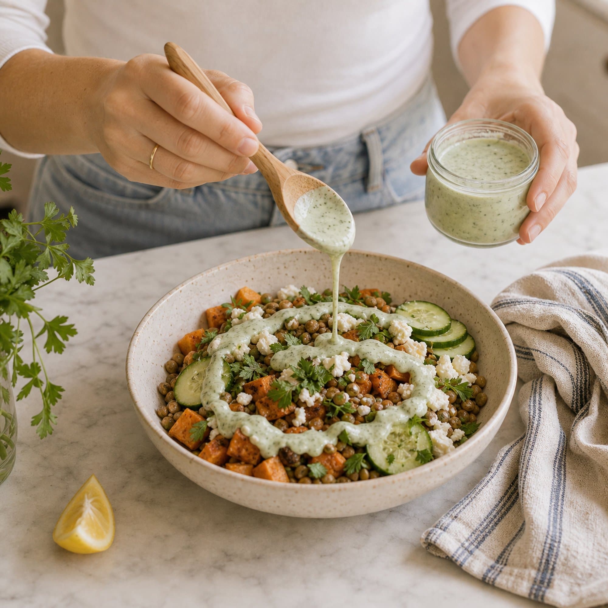 A pair of women's hands in a fitted white tee with sleeves at three-quarter length (a glimpse of a light denim midi skirt visible below) using a small wooden spoon to drizzle the pale-green herb-yogurt-tahini dressing over an assembled lentil and feta meal-prep bowl on a white marble counter. The dressing falls from the spoon in a slow thin stream and forms a fresh swirl across the surface of the bowl. A thin gold band visible on one finger. The bowl already has lentils, roasted sweet potatoes, cucumber, feta, and parsley arranged inside.