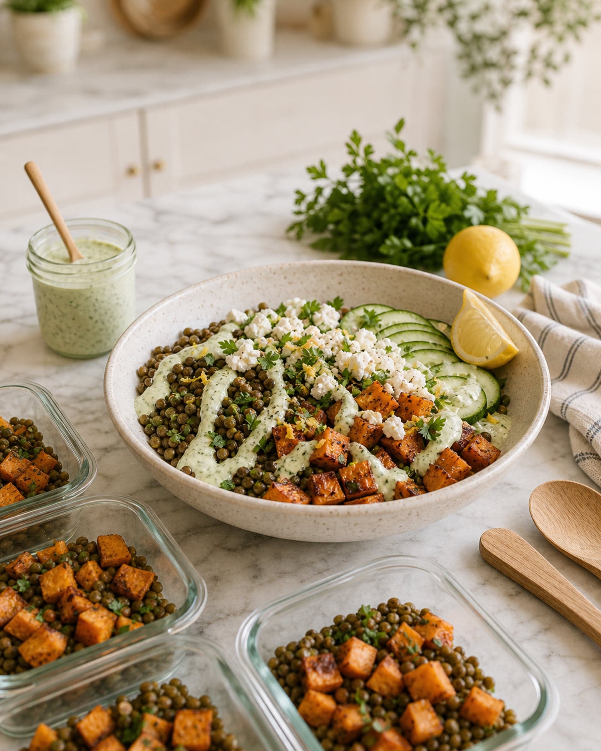 A wide cream-speckled stoneware bowl on a white marble counter, sectioned into a generous meal-prep bowl: a pile of warm cooked French green lentils glossy with olive oil and lemon zest, a section of cubed roasted sweet potatoes with caramelized edges, a small handful of thinly sliced cucumber rounds, a generous crumble of white feta, scattered chopped fresh parsley, a small wedge of lemon, a drizzle of pale-green herb-yogurt dressing, and a few cracks of black pepper. Beside the bowl: 4 glass meal-prep containers each holding a portion (ready for the week ahead), a small glass jar of more dressing with a tiny wooden spoon, a small bunch of fresh parsley, a small lemon, and a folded striped cream-and-blue linen tea towel. Soft mid-morning kitchen light.