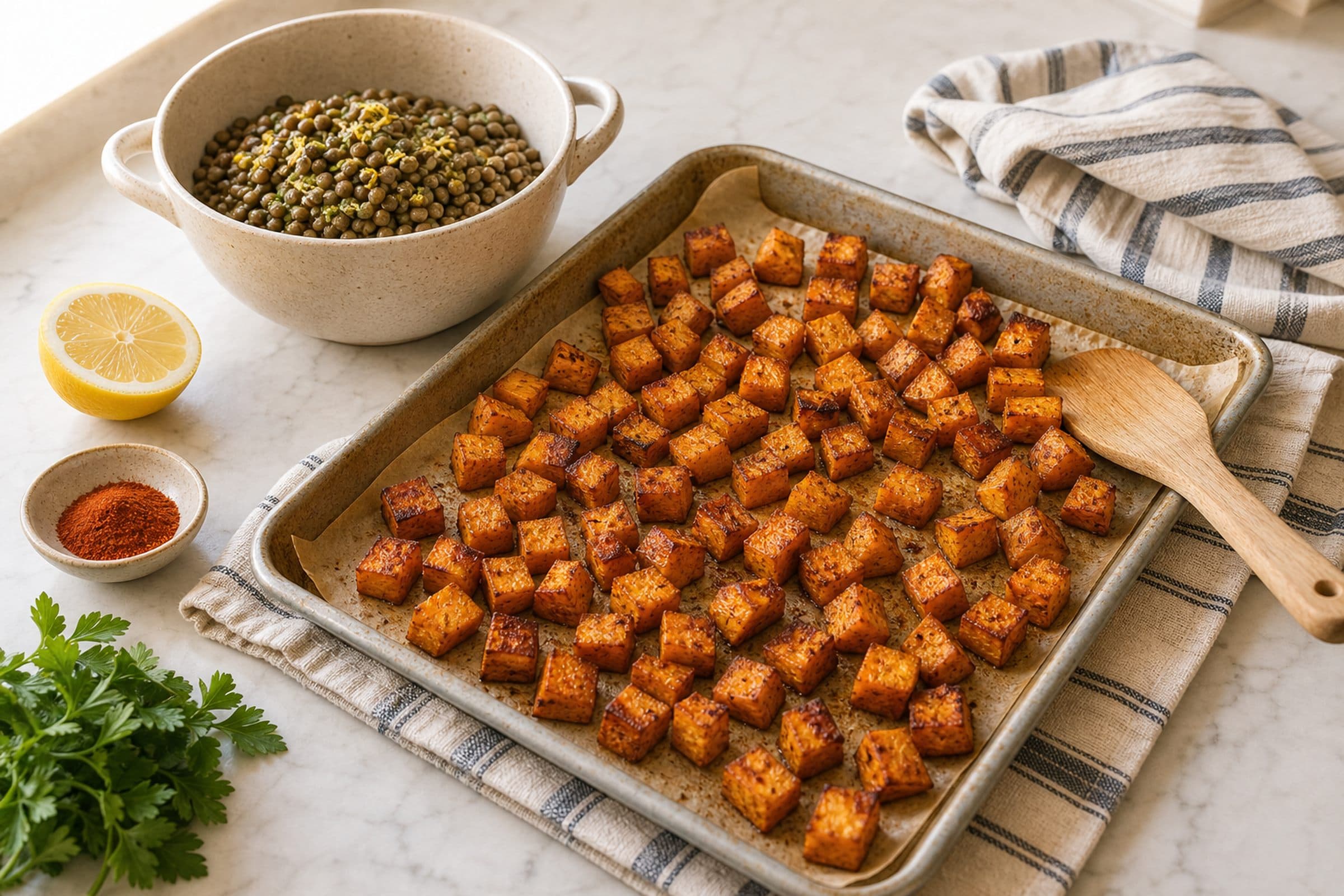 A parchment-lined half-sheet pan straight from the oven on a folded striped cream-and-blue linen tea towel on a white marble counter, holding cubed roasted sweet potatoes (deeply caramelized golden-brown edges, bright orange centers visible at cut surfaces, lightly speckled with smoked paprika and salt). A small wooden spatula at the edge of the pan. Beside the pan: a medium stoneware pot with cooked French green lentils inside (drained, glossy with olive oil and lemon zest), a halved lemon, a small ramekin of smoked paprika, and a small bunch of fresh parsley.