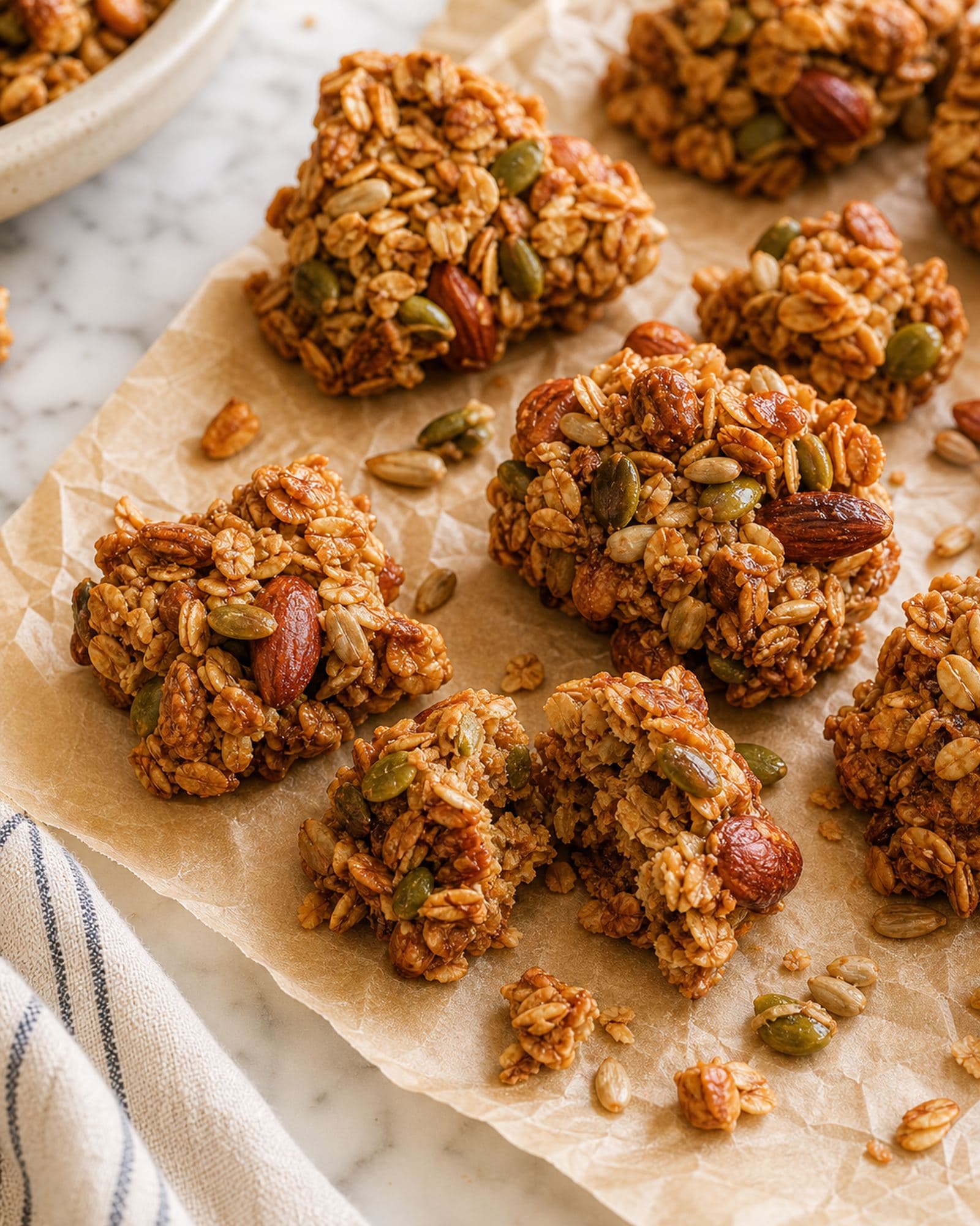 A close-up of big golden granola clusters on crinkled parchment paper, whole almonds and green pumpkin seeds baked into the craggy clumps, one cluster broken open to show the inside.