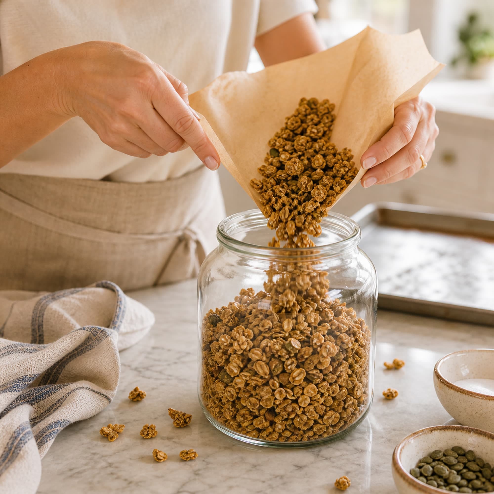Hands in a cream tee and beige apron pouring golden granola clusters from a folded parchment sheet into a large glass storage jar on the marble counter, clusters mid-cascade.