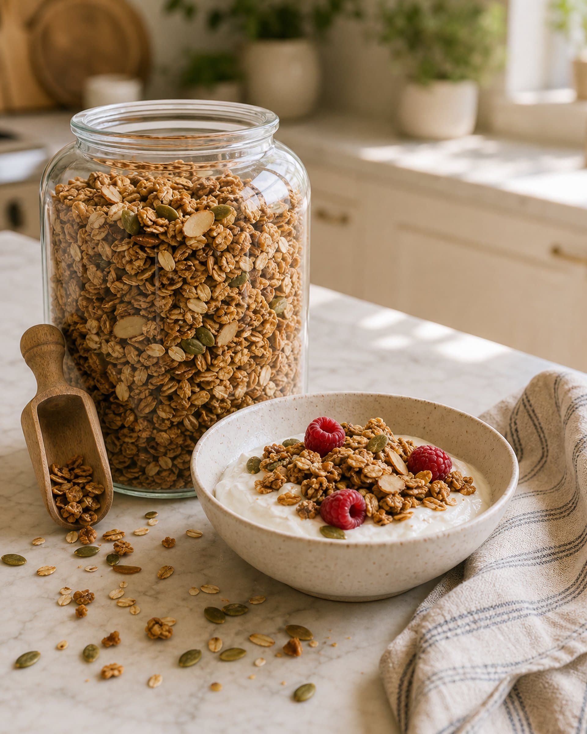 A large glass jar filled with golden maple cardamom granola next to a speckled bowl of skyr topped with granola clusters and berries, on a white marble counter in soft morning light, with a scattering of oats and seeds nearby.