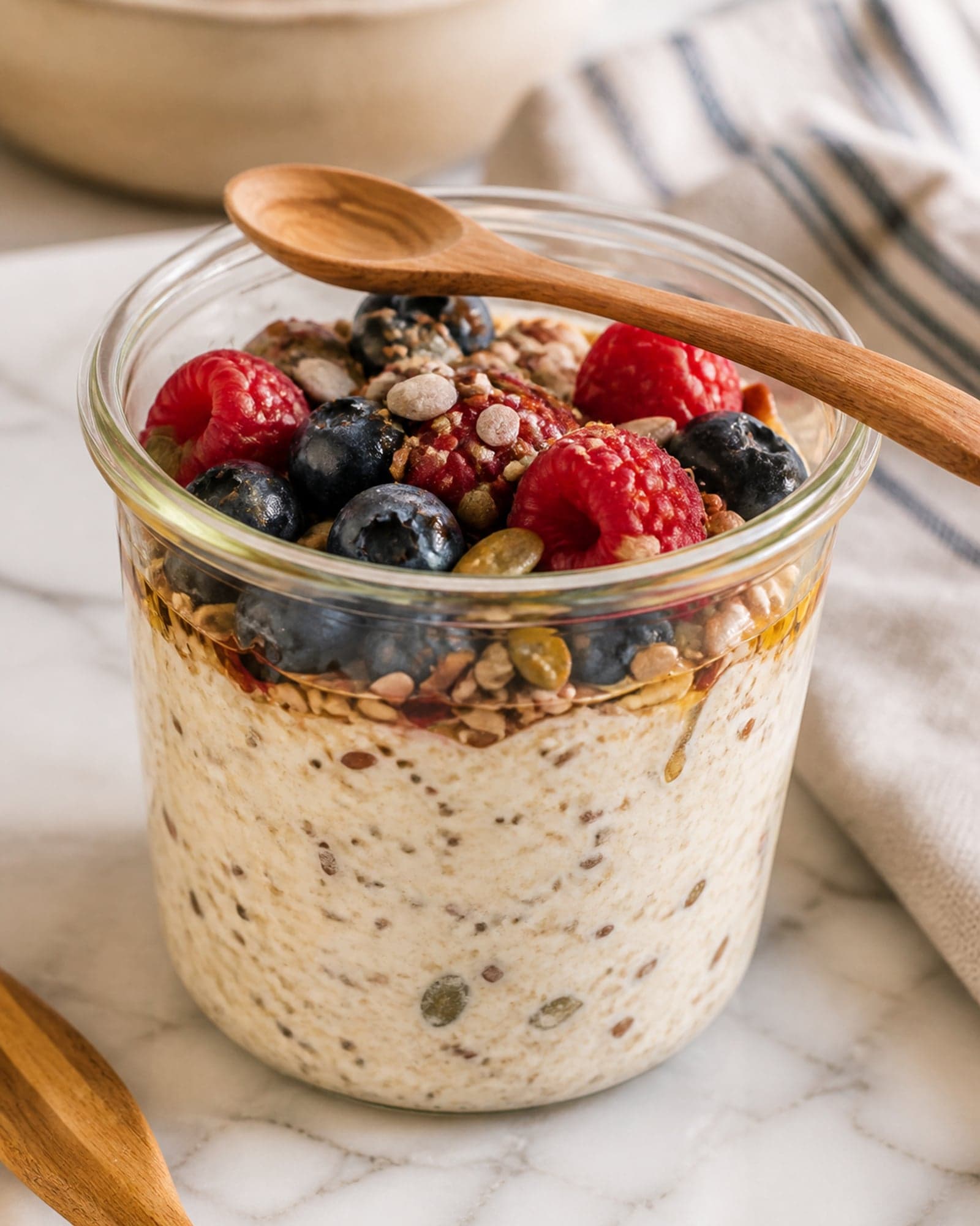 Macro close-up of one finished jar of maple cardamom overnight oats on a white marble counter: a clear glass jar showing the contents in soft layers from the side, with a thick pale-cream oat-and-skyr base flecked with small dark cardamom and visible mixed seeds throughout, topped with a generous spoonful of fresh dark blueberries and raspberries clustered at the top, a slow drizzle of golden amber maple syrup pooling at the edges of the berries, an extra small handful of mixed seeds scattered on top, and a tiny snow of more ground cardamom dusting the surface. A small wooden spoon rests across the top of the jar.