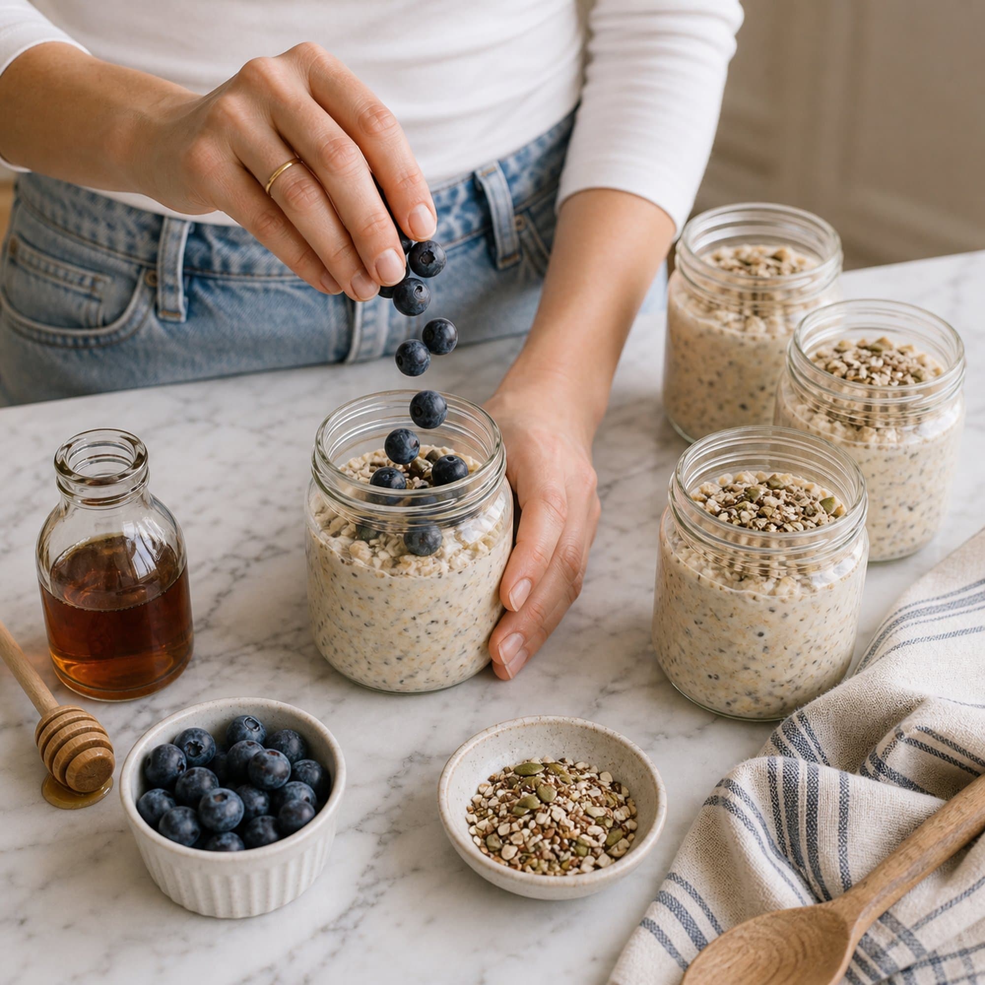 A pair of women's hands in a fitted white tee at three-quarter sleeve length (with a glimpse of light-wash denim jeans visible at the lower edge of the frame) topping one jar of overnight oats with fresh blueberries on a white marble counter. One hand holds the open jar steady; the other hand sprinkles a small handful of fresh blueberries down into the jar from above (the berries are mid-fall, captured just before they land on the oat surface). A thin gold band visible on one finger. Beside the jar: 3 more matching glass jars of overnight oats already filled, a small ceramic dish of mixed seeds, a small glass bottle of maple syrup with a small wooden honey dipper, a folded striped cream-and-blue linen tea towel.