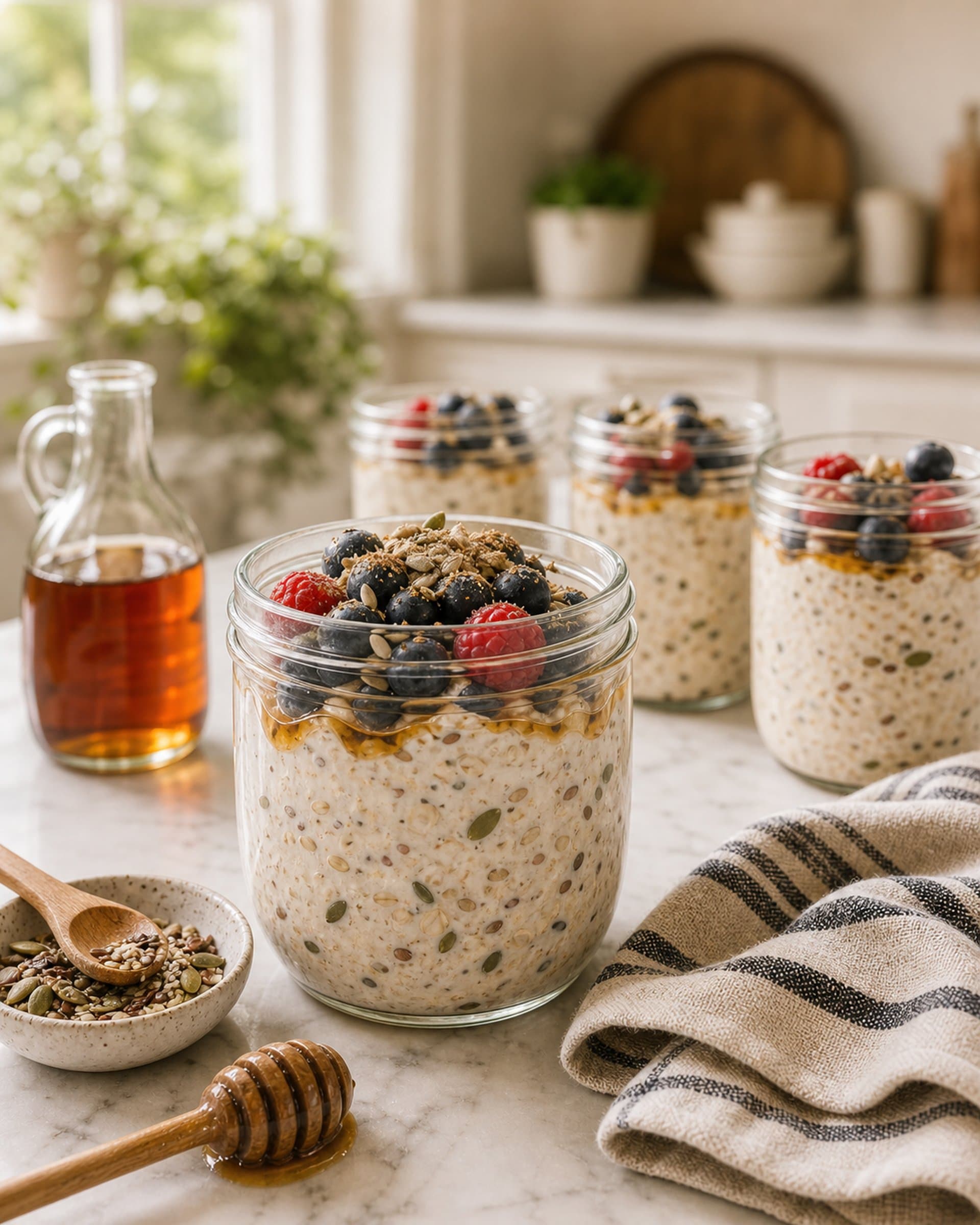 A clear glass jar of finished overnight oats on a white marble counter, the contents in soft layers: a thick pale-cream oat-and-skyr base flecked with small dark cardamom and visible mixed seeds (pumpkin, sunflower, sesame, flax) folded throughout, topped with a generous spoonful of fresh dark blueberries, a small handful of raspberries, a drizzle of golden amber maple syrup pooling at the edges, an extra small handful of mixed seeds scattered on top, and a tiny snow of more ground cardamom dusting the surface. Beside the jar: 3 more matching glass jars also filled with overnight oats and ready to go (lined up like a Sunday-night meal prep), a small ceramic dish of mixed seeds with a tiny wooden spoon, a small wooden honey dipper, a small lemon, a folded striped cream-and-blue linen tea towel. Soft Sunday-evening kitchen light.