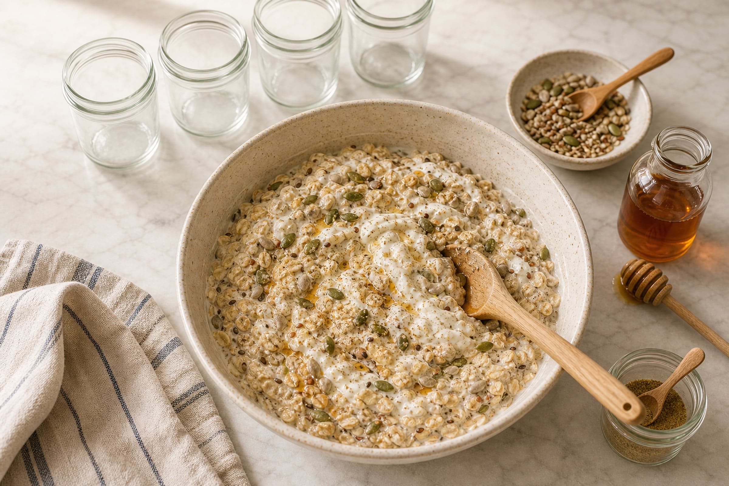 A near-overhead view of a large cream-speckled stoneware mixing bowl on a white marble counter holding the just-mixed overnight oats batter: a thick creamy pale base with rolled oats, visible white skyr swirled in, small flecks of ground cardamom dusted across the surface, golden amber maple syrup ribboning through, and visible mixed seeds (pumpkin, sunflower, sesame, flax) folded throughout. A wooden spoon rests at the edge of the bowl. Beside the bowl on the marble: a small ceramic dish of mixed seeds, a small glass bottle of maple syrup with a wooden honey dipper, a small jar of ground cardamom with a tiny spoon, a folded striped cream-and-blue linen tea towel.