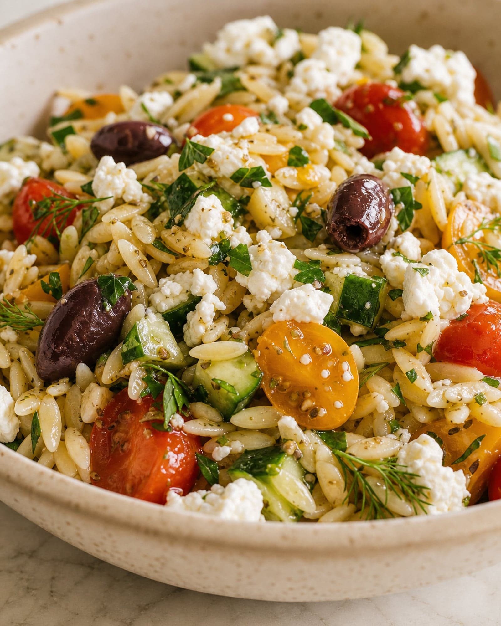 A close macro of the orzo salad: tender orzo glossy with dressing, halved red and yellow cherry tomatoes, cucumber, glistening kalamata olives, big crumbles of feta, and flecks of parsley and dill.