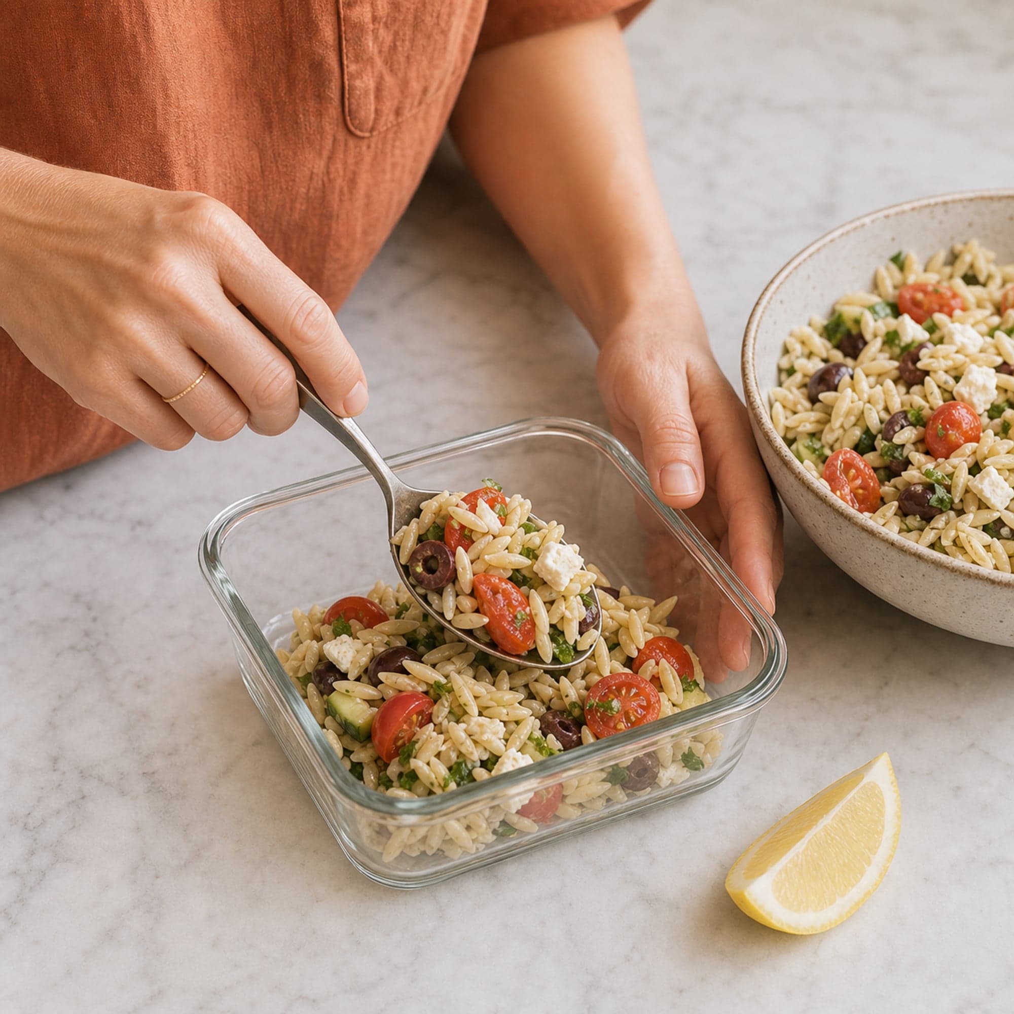 A pair of hands in a warm rust short-sleeve linen top spooning a portion of the orzo salad into a glass meal-prep container on a marble counter, the large serving bowl beside it.