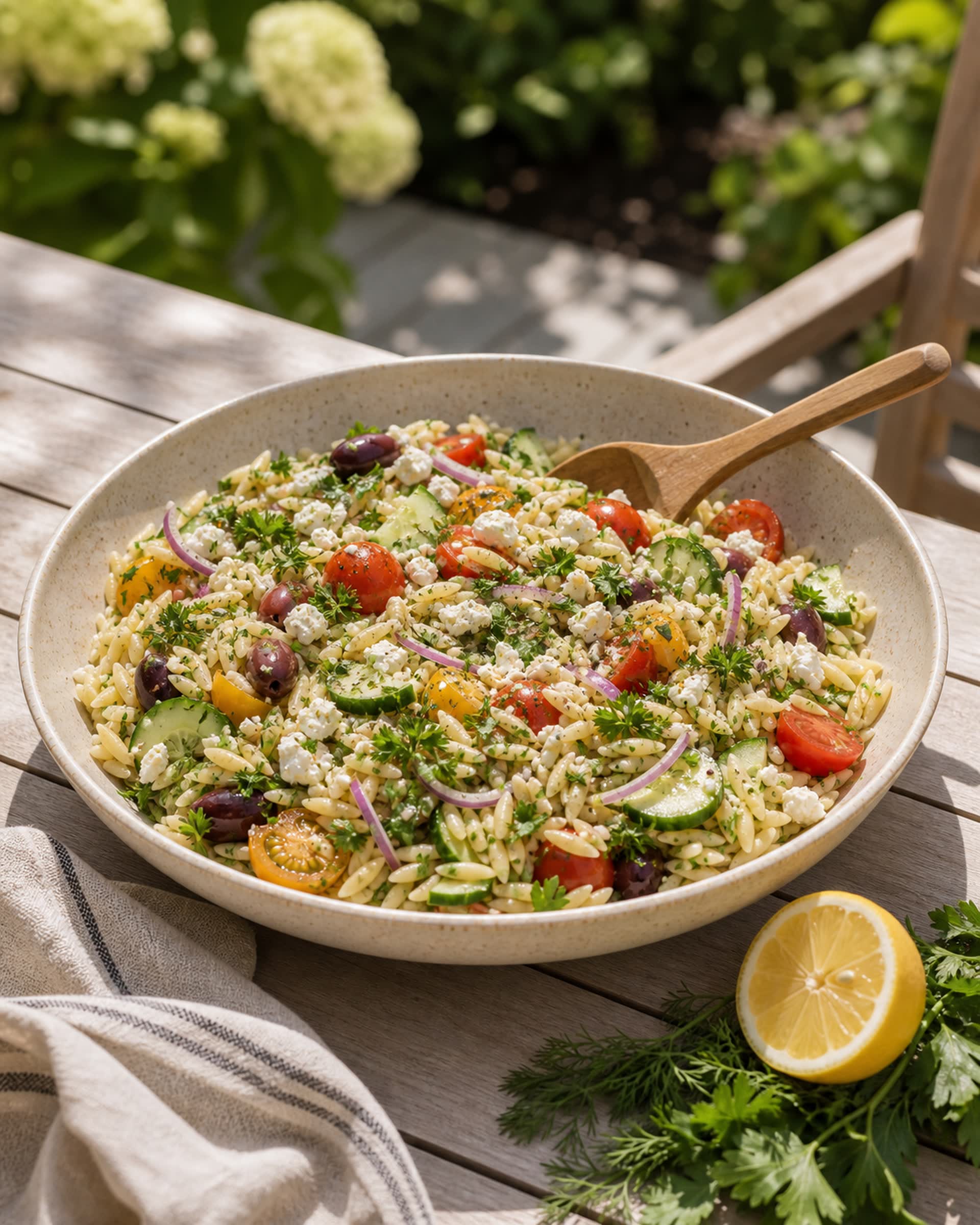 A large shallow cream-speckled stoneware serving bowl on a pale wooden outdoor table, filled with a Mediterranean orzo salad: tender orzo glossed with olive oil and scattered with halved red and yellow cherry tomatoes, half-moons of cucumber, slivers of red onion, glistening pitted kalamata olives, a generous crumble of white feta, and a lot of chopped fresh parsley and dill. A wooden serving spoon rests in the bowl, a halved lemon and a small bunch of herbs sit beside it, and dappled late-afternoon light falls across the table.