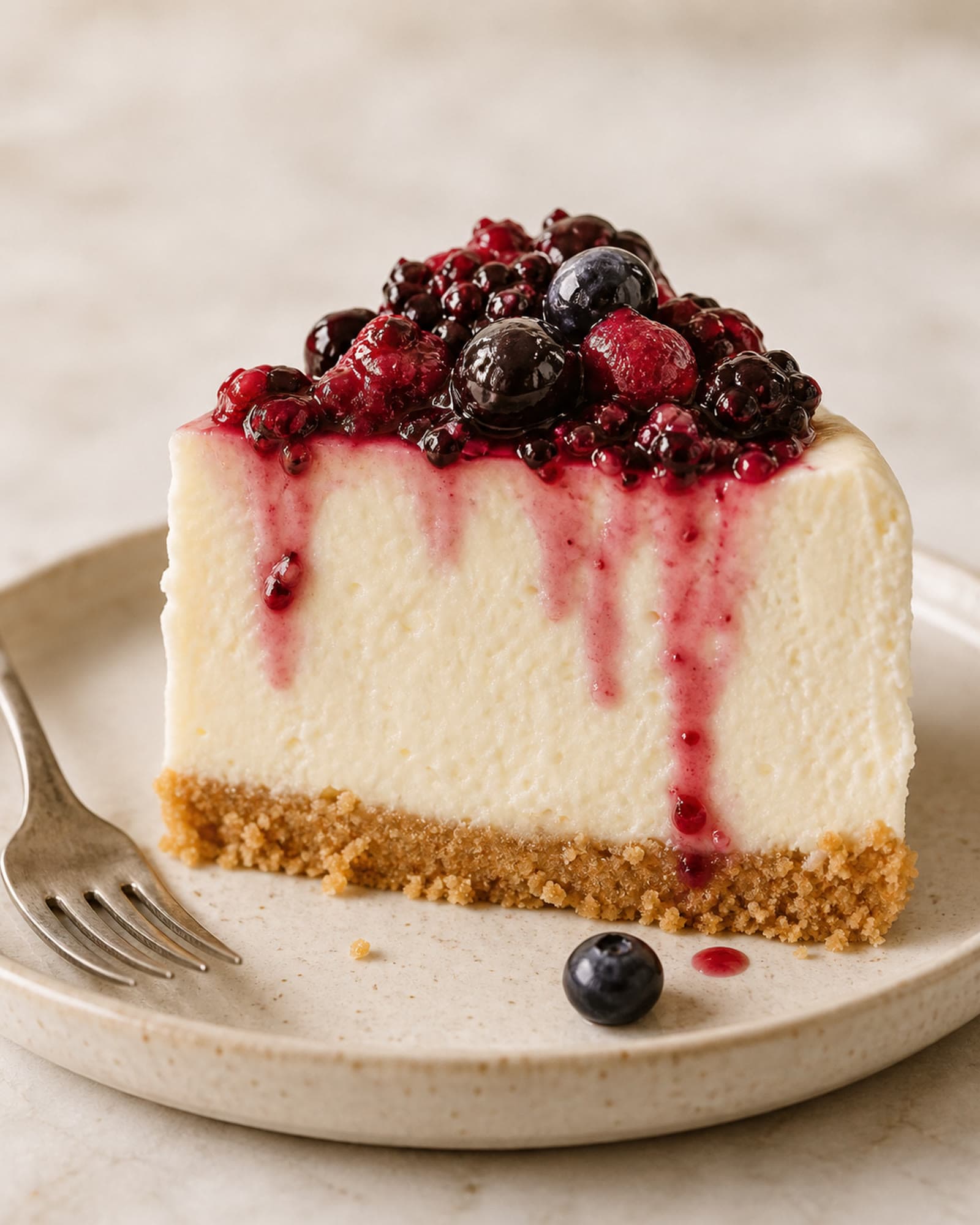 Macro side profile of a slice of no-bake cheesecake on a speckled ceramic plate, showing the graham crust layer, tall creamy filling, and macerated berries with juice running down the cut face, a fork resting alongside.
