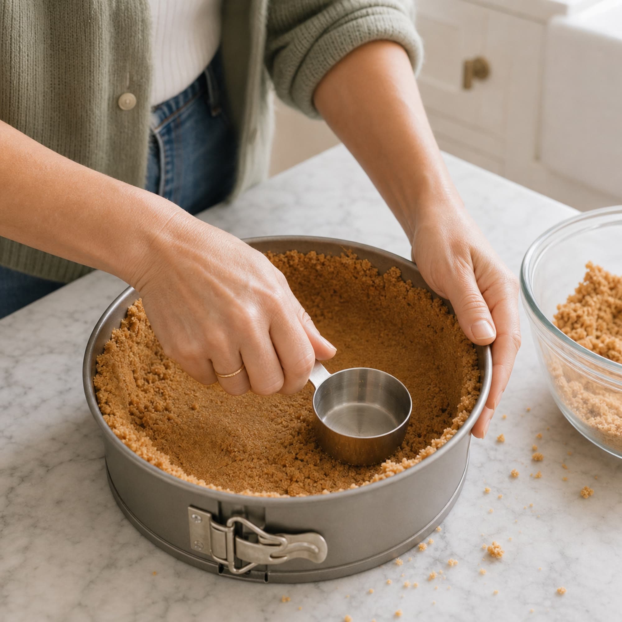 Hands tamping a graham cracker crumb crust into a springform pan with the flat bottom of a stainless measuring cup, the crust climbing the pan sides and a glass bowl of buttery crumbs waiting on the marble counter.