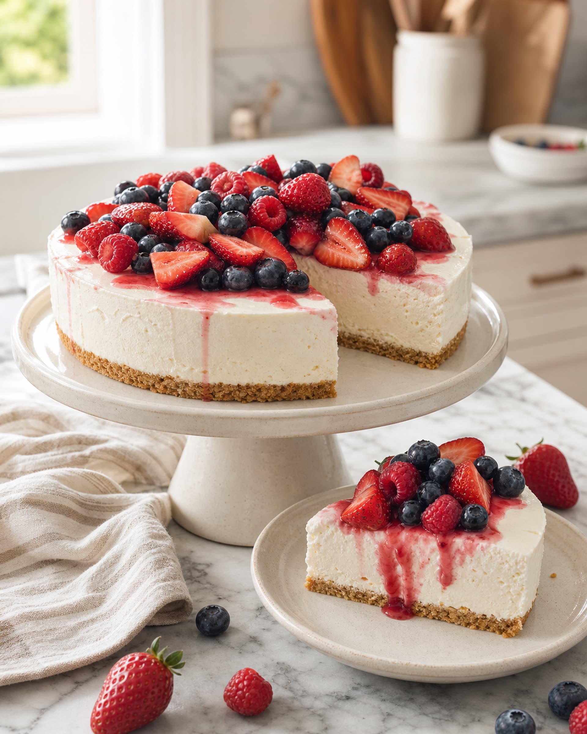A no-bake cheesecake on a ceramic cake stand piled with glossy macerated strawberries, blueberries, and raspberries, with one slice lifted out to show the graham crust and creamy filling.
