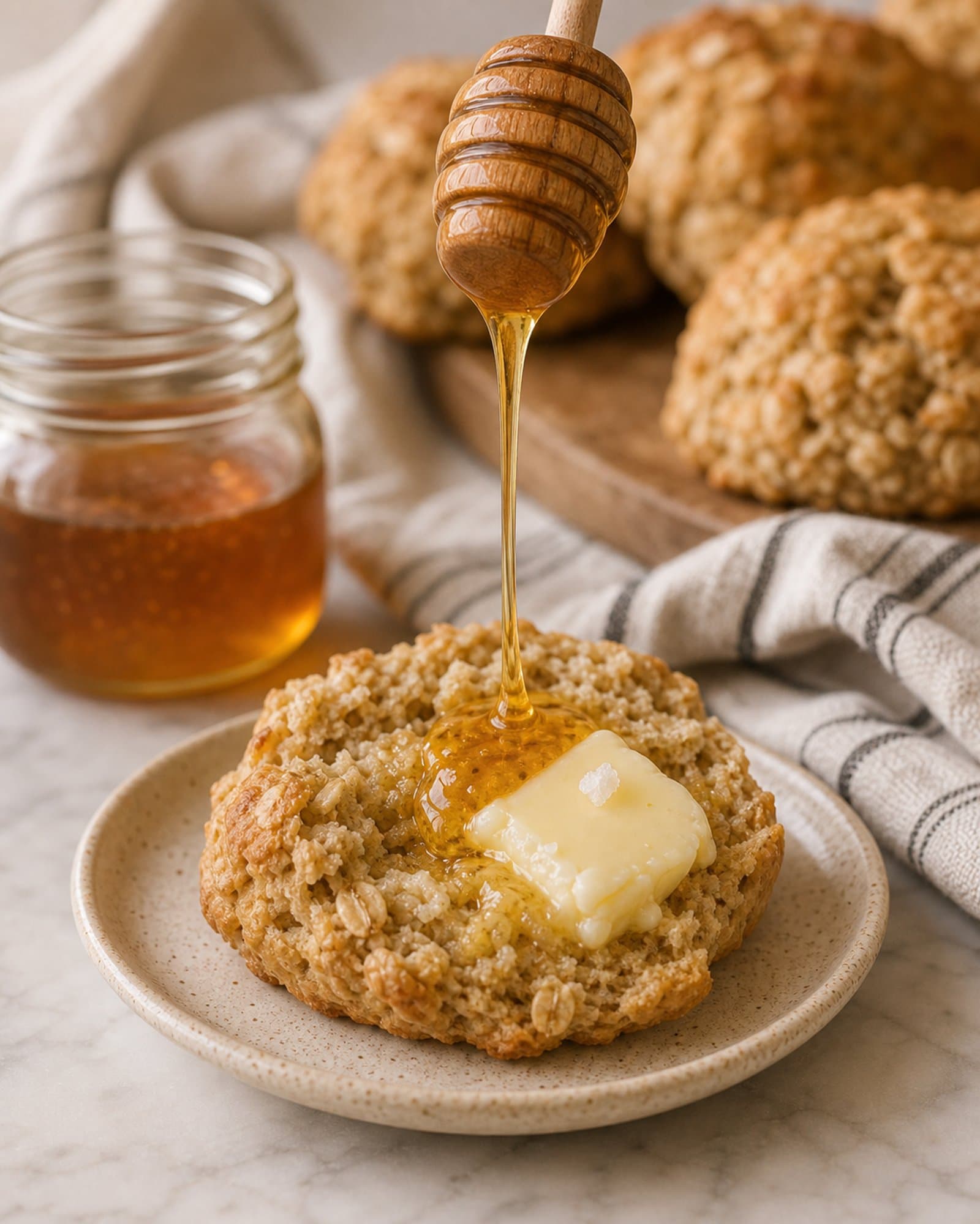 Macro close-up of a wooden honey dipper held above a split warm oat scone on a cream-speckled stoneware plate, with a long slow strand of golden honey mid-fall onto the cut side of the scone, a small pool of honey already pooled on the crumb, a dollop of soft salted butter melting beside it with a tiny flake of flaky salt on top. A clear glass jar of more honey and the rest of the scones on a wooden board sit softly out of focus behind.