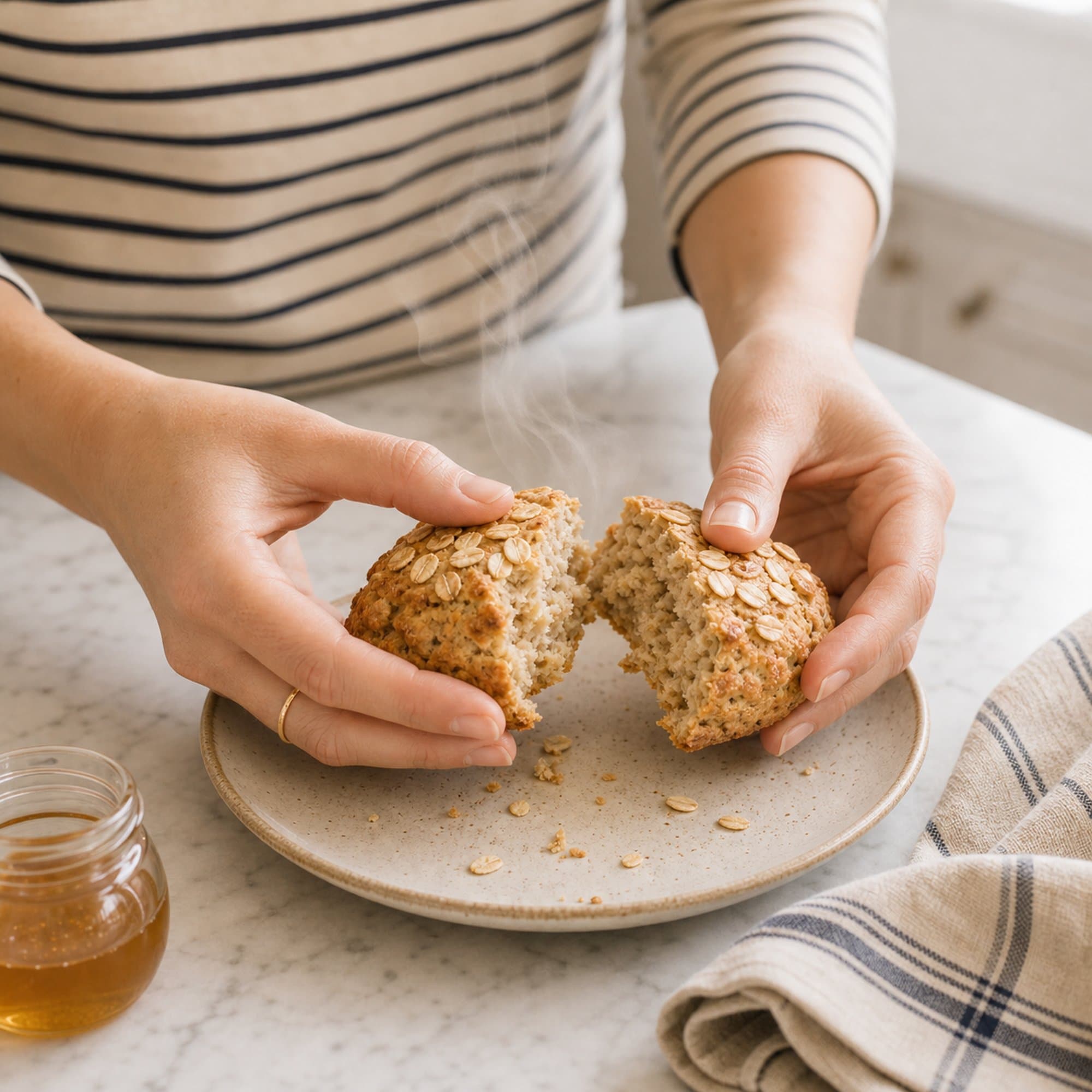 A pair of hands in a Breton-striped beige tee tearing a hot oat scone in half along its natural seam over a cream-speckled stoneware plate, with a soft wisp of steam rising from the freshly-exposed tender crumb, visible rolled oats on top, a few crumbs and loose oats scattered on the plate, a small clear glass jar of honey at the lower-left edge and a folded striped cream-and-blue linen tea towel at the lower-right edge, on a white marble counter.