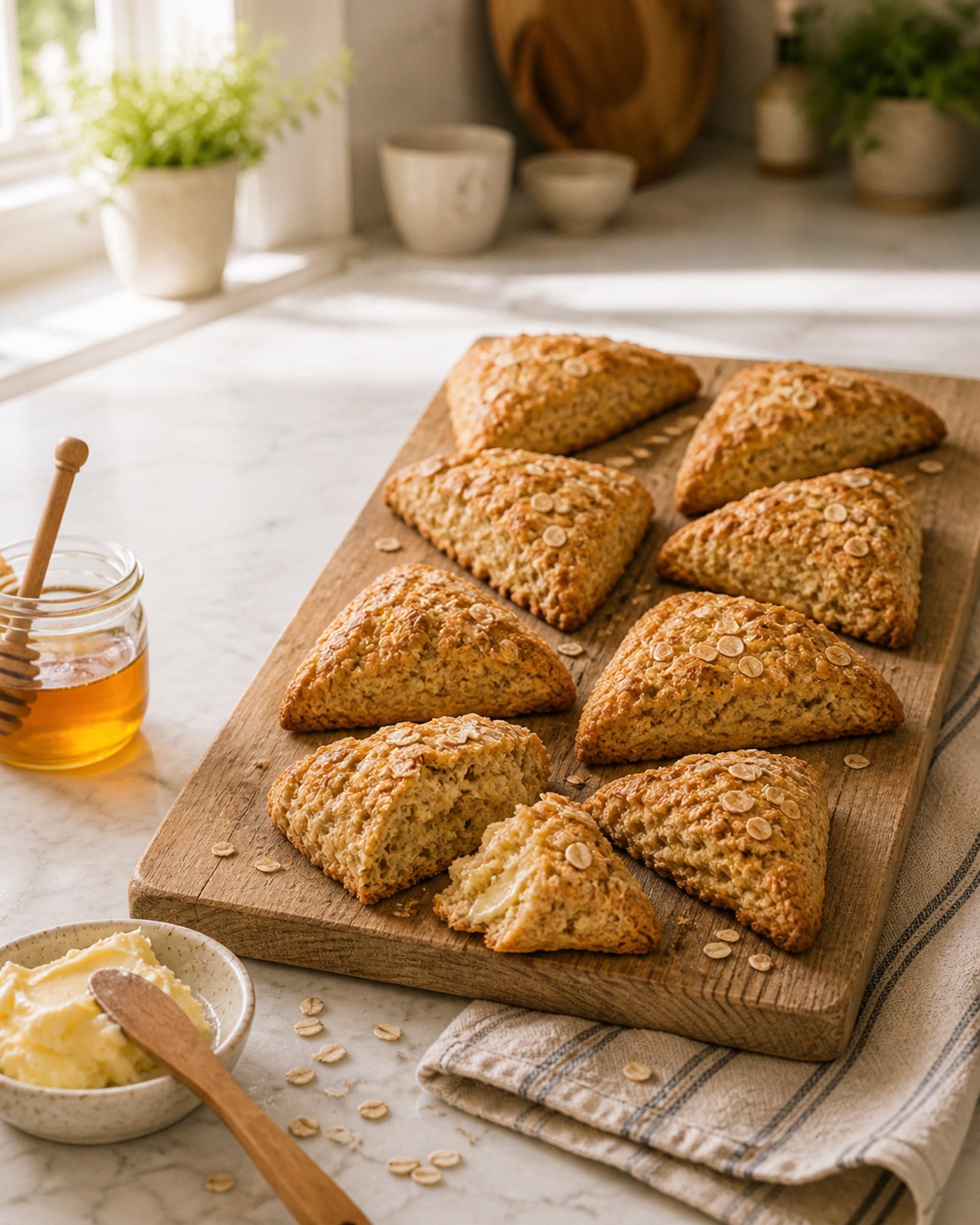 Eight freshly baked oat and honey scones arranged on a light oak wooden board, golden triangles with rolled oats baked into the tops, one broken open at the front showing a tender steamy crumb, beside a small clear glass jar of runny honey with a wooden honey dipper, a small ceramic dish of soft salted butter, a scatter of loose oats on the marble counter and on a folded striped cream-and-blue linen tea towel. Soft morning light from the kitchen window.