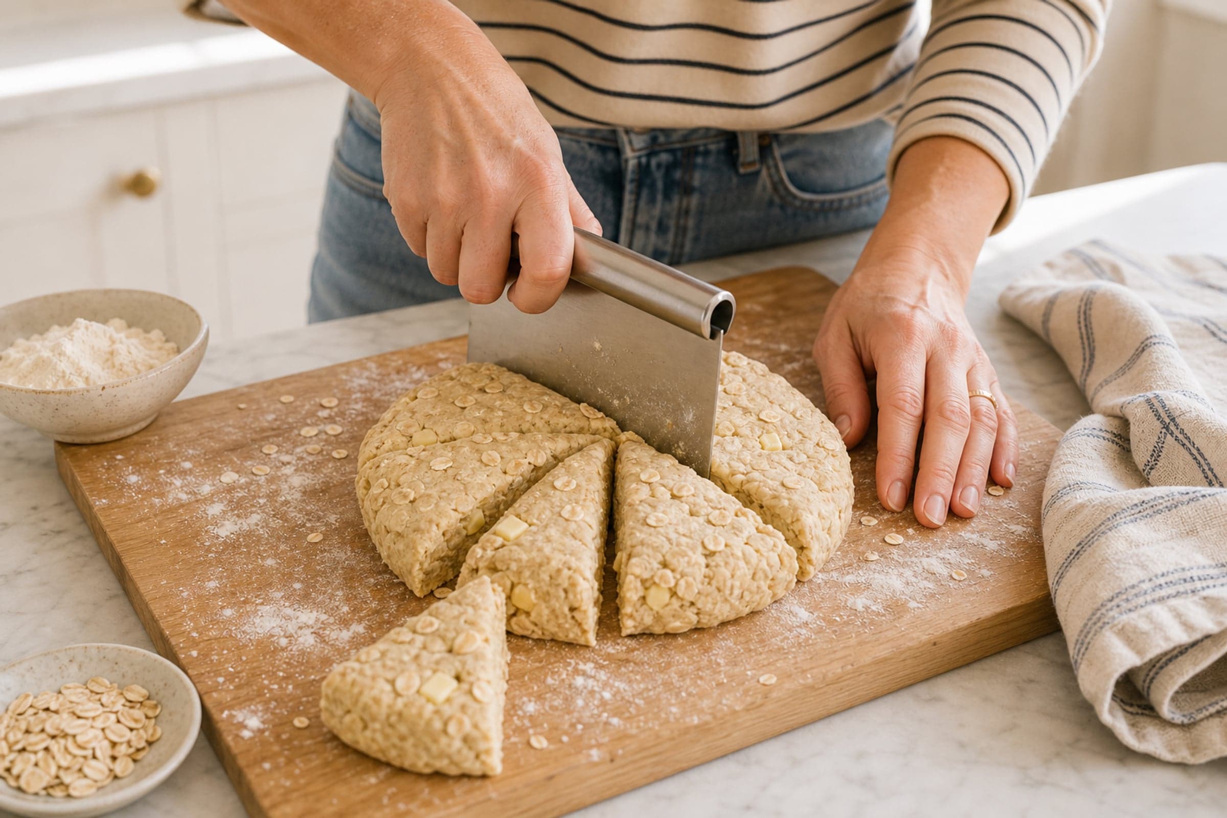 A pair of hands in a Breton-striped beige tee with three-quarter sleeves pressing a stainless steel bench scraper straight down through a floured round of scone dough on a light oak wooden cutting board, cutting one of eight wedges. Visible rolled oats and small pea-sized butter pieces in the dough, a small ceramic bowl of flour and a small dish of extra rolled oats flanking the board, a folded striped cream-and-blue linen tea towel to the right, on a white marble counter.