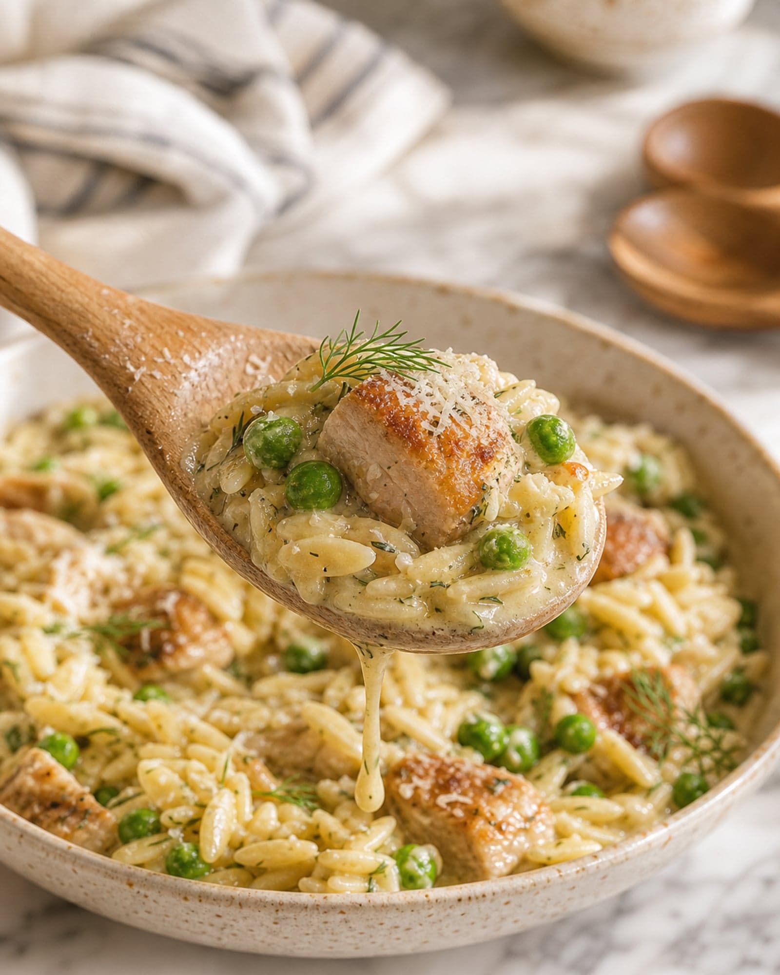 Macro close-up of a light oak wooden spoon lifting a generous bite from a bowl of creamy one-pot lemon dill chicken pasta: short orzo pasta, a chunk of golden-browned chicken thigh, several bright green peas, and a fresh dill leaf, all coated in a glossy lemon-dill cream sauce with a small grating of parmesan, and a thin string of sauce trailing back down to the bowl.