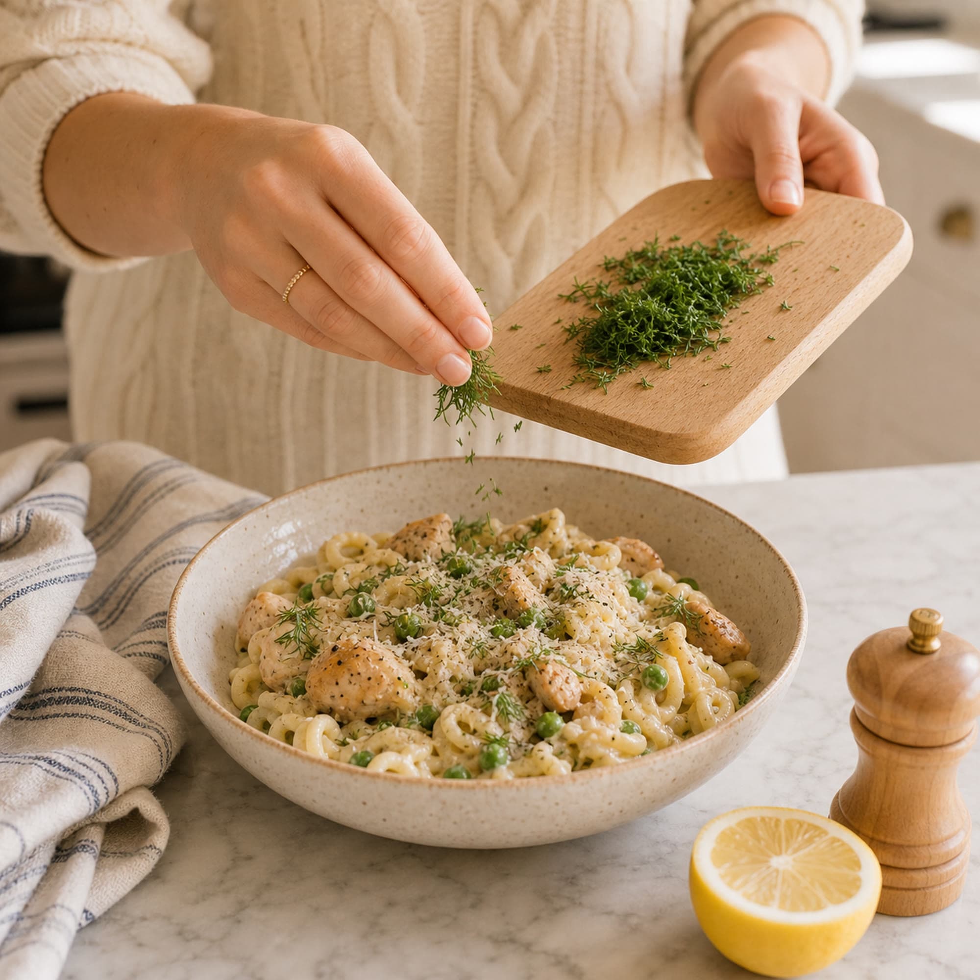 A pair of hands in cream cable-knit sleeves at three-quarter forearm length sprinkling finely chopped fresh dill from a small light oak cutting board over a finished bowl of creamy one-pot lemon dill chicken pasta on a cream-speckled stoneware plate. The bowl shows short pasta in a glossy creamy sauce with golden chicken, bright green peas, and a snow of grated parmesan on top. A folded striped cream-and-blue linen tea towel sits at one edge of the white marble counter.