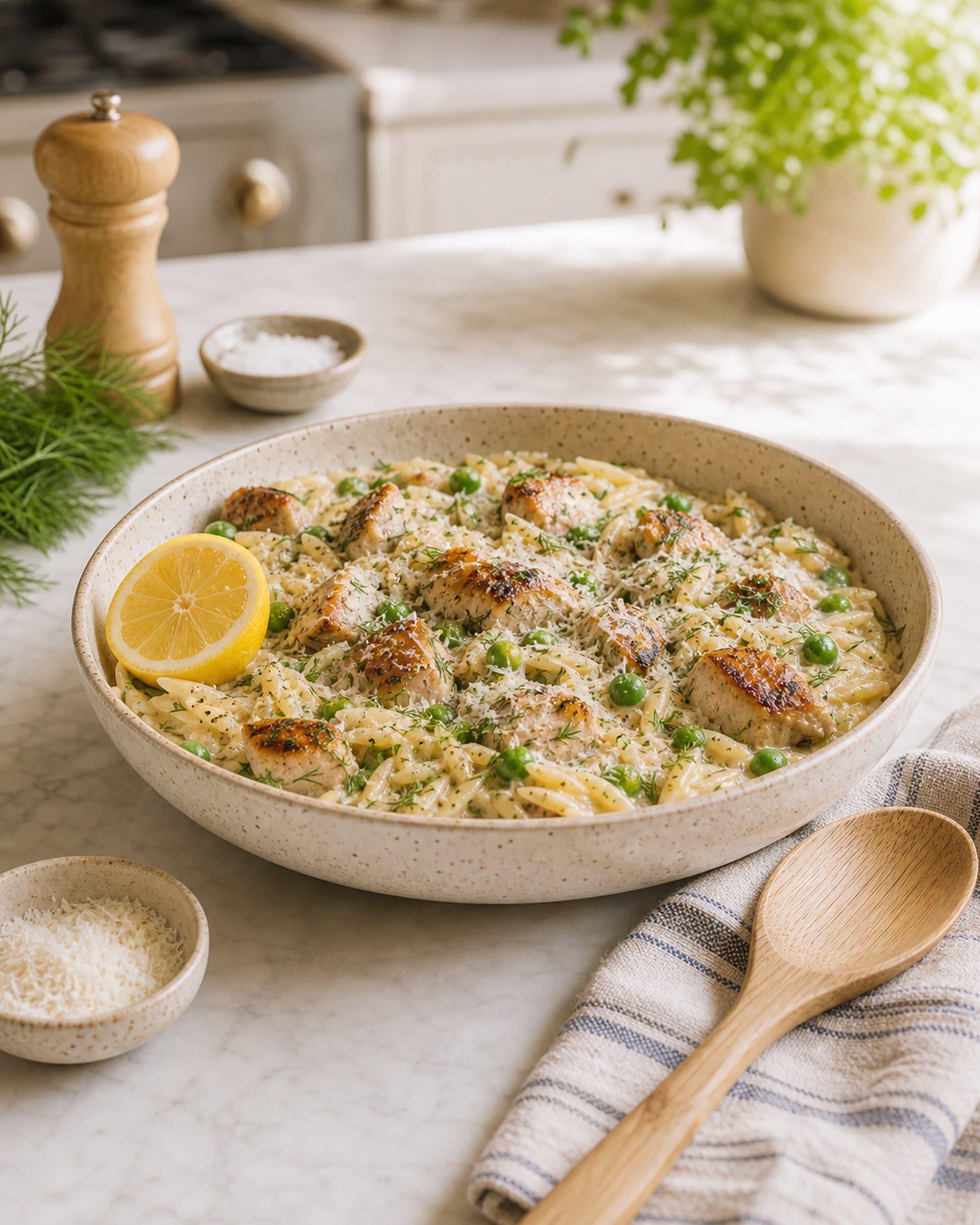 A wide cream-speckled stoneware bowl of creamy one-pot lemon dill chicken pasta on a white marble counter: short orzo-style pasta in a glossy creamy lemon-dill sauce with golden-browned chunks of chicken thigh, bright green peas, freshly grated parmesan, scattered fresh dill leaves, cracked black pepper, and a halved lemon at the edge. A wooden spoon resting on a folded striped cream-and-blue linen tea towel beside the bowl, a small ceramic dish of more grated parmesan, a small bunch of fresh dill, and a small wooden pepper mill. Soft late-afternoon kitchen light.
