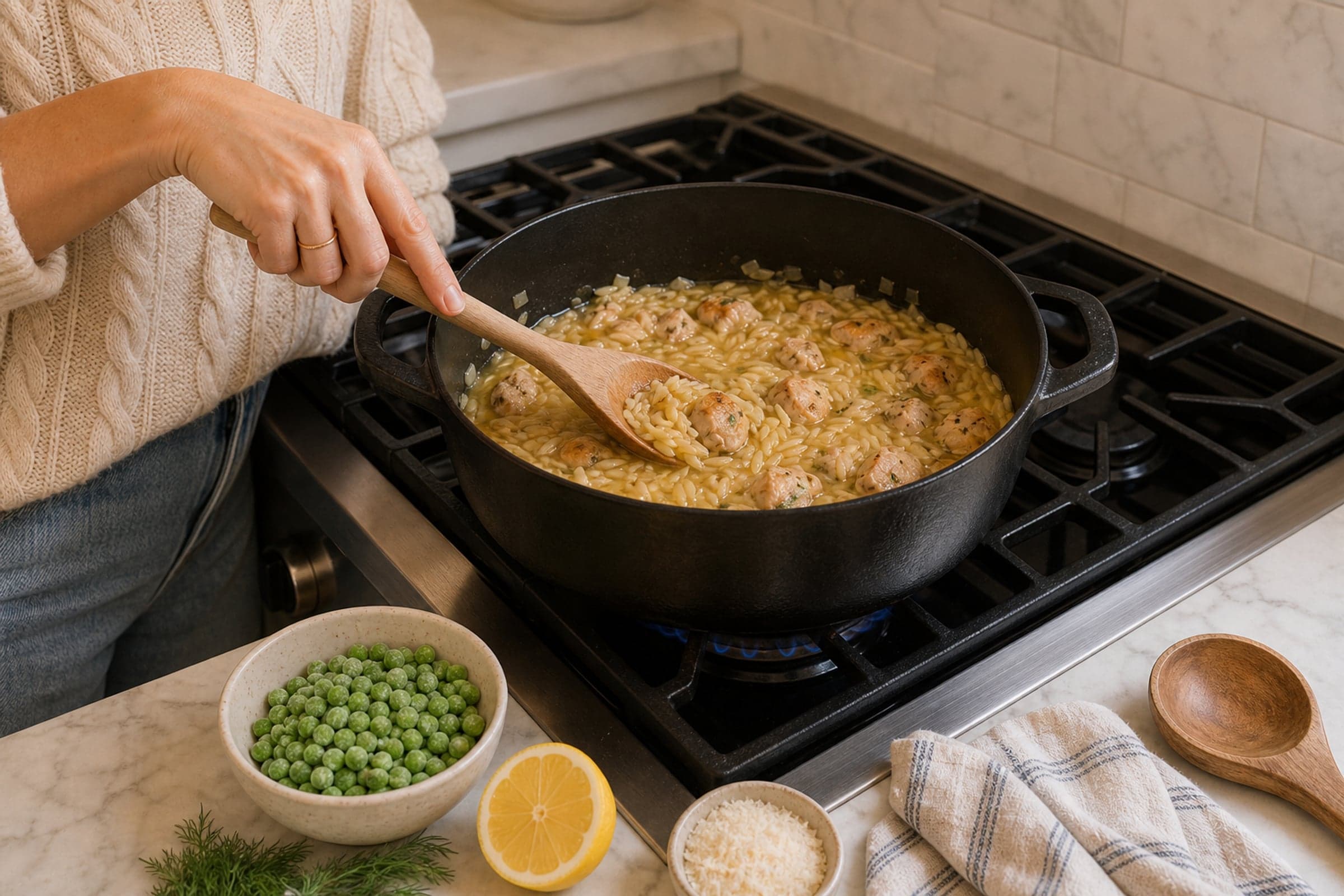 A hand in a cream cable-knit sleeve at three-quarter forearm length holding a wooden spoon and stirring inside a black cast iron Dutch oven on a lit gas stovetop, where short orzo pasta and golden-browned chicken pieces are simmering in chicken broth with diced onion. A small blue gas flame is visible at the base of the pot and cast iron grates surround it. A marble subway-tile backsplash sits directly behind the stove with white shaker base cabinets flanking.