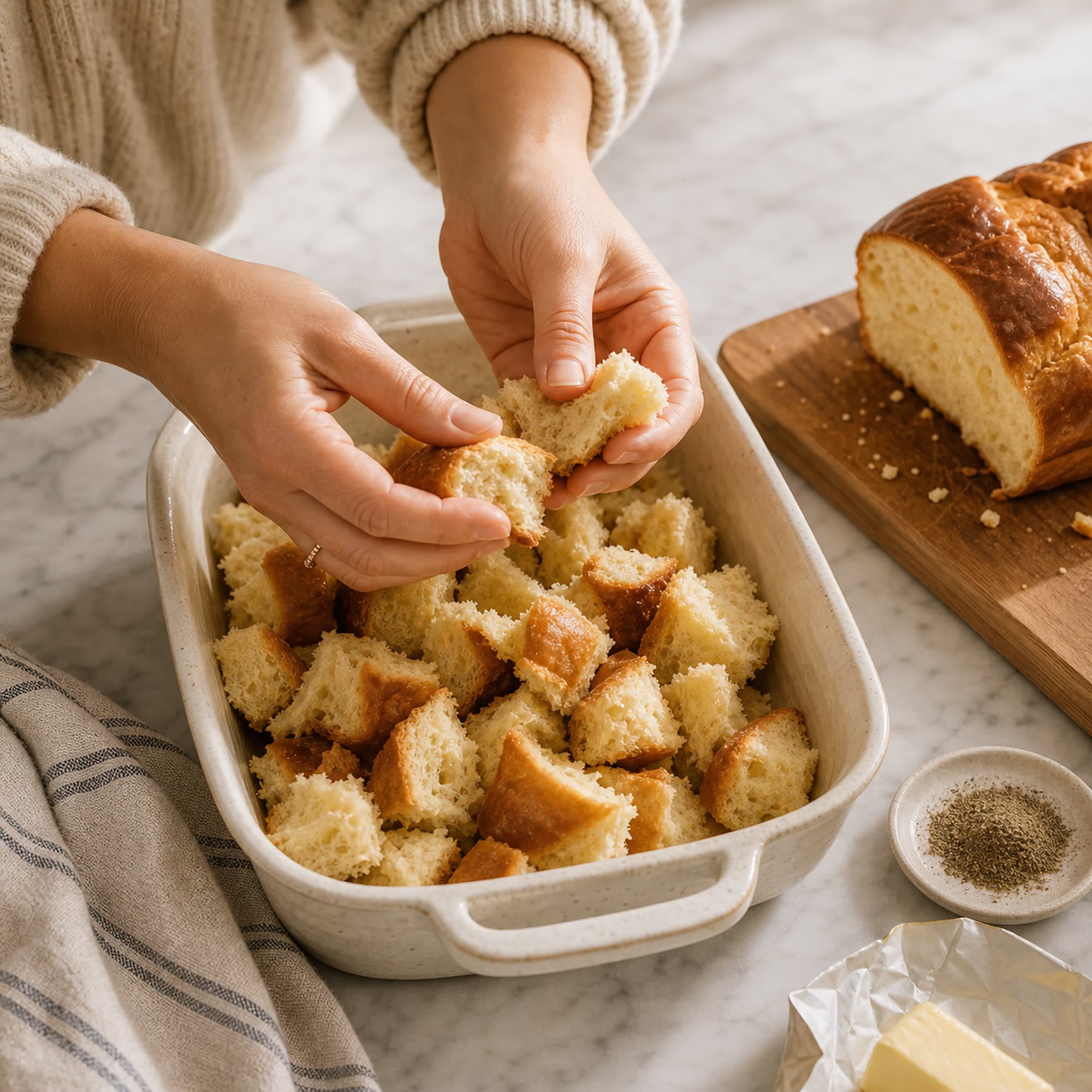 Hands in oatmeal knit sleeves tearing a brioche loaf into rough cubes over a speckled baking dish already half filled with bread, with the rest of the loaf on an oak board beside it.